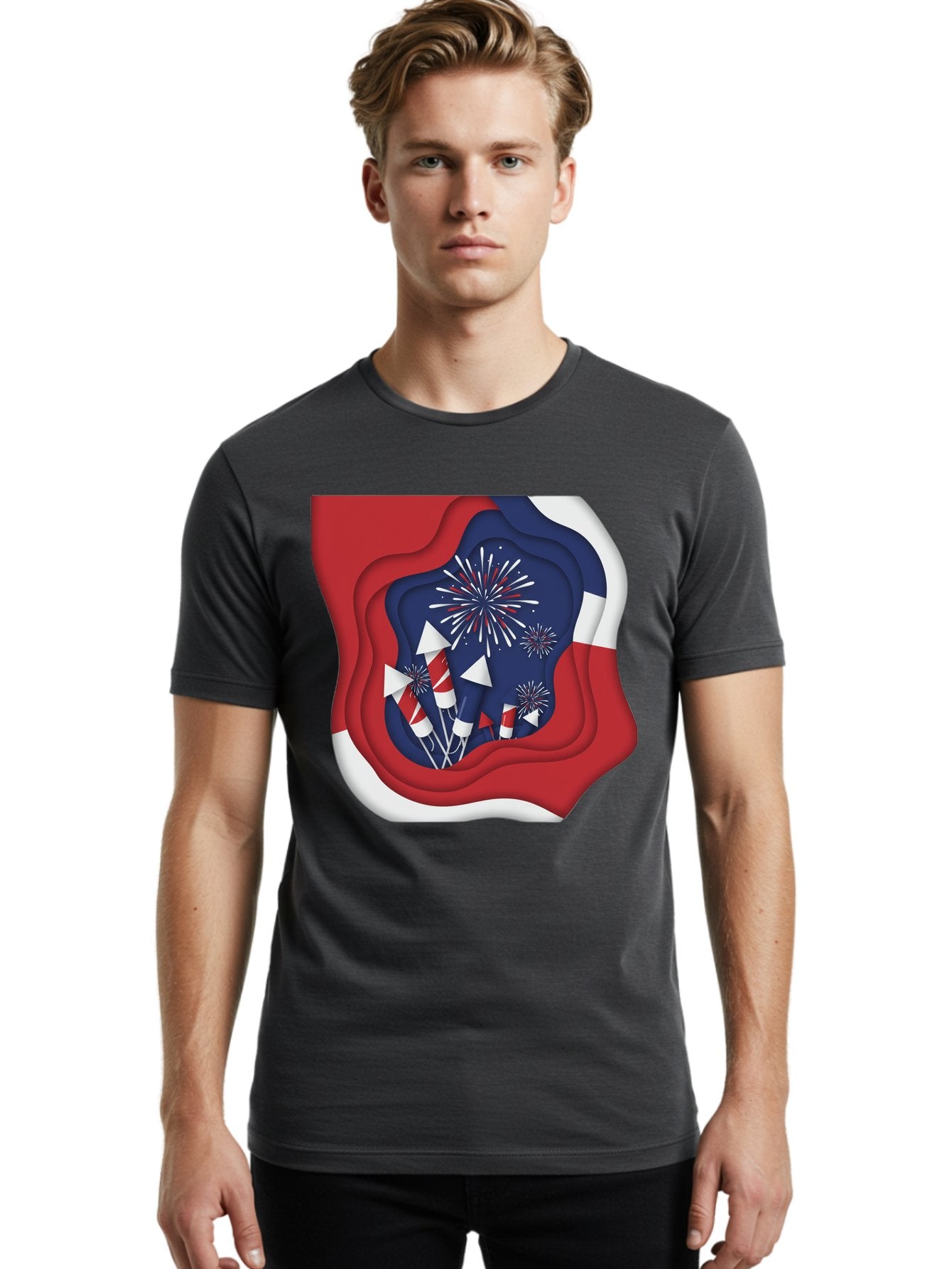 4Th-Of-July-Fireworks Men'S Graphic Tee, 100% Cotton, Comfortable Casual Summer Wear, Machine Washable, 4Th Of July Celebration, Fireworks Display, Patriotic Decor, Red White And Blue, Independence Day, Festive Atmosphere, Layered Paper Art, Bac578 28