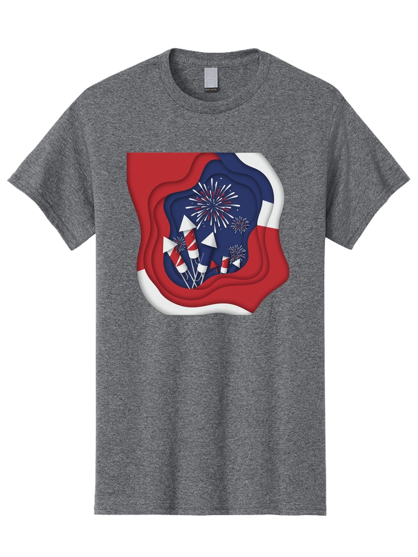 4Th-Of-July-Fireworks Men'S Graphic Tee, 100% Cotton, Comfortable Casual Summer Wear, Machine Washable, 4Th Of July Celebration, Fireworks Display, Patriotic Decor, Red White And Blue, Independence Day, Festive Atmosphere, Layered Paper Art, Bac578 5