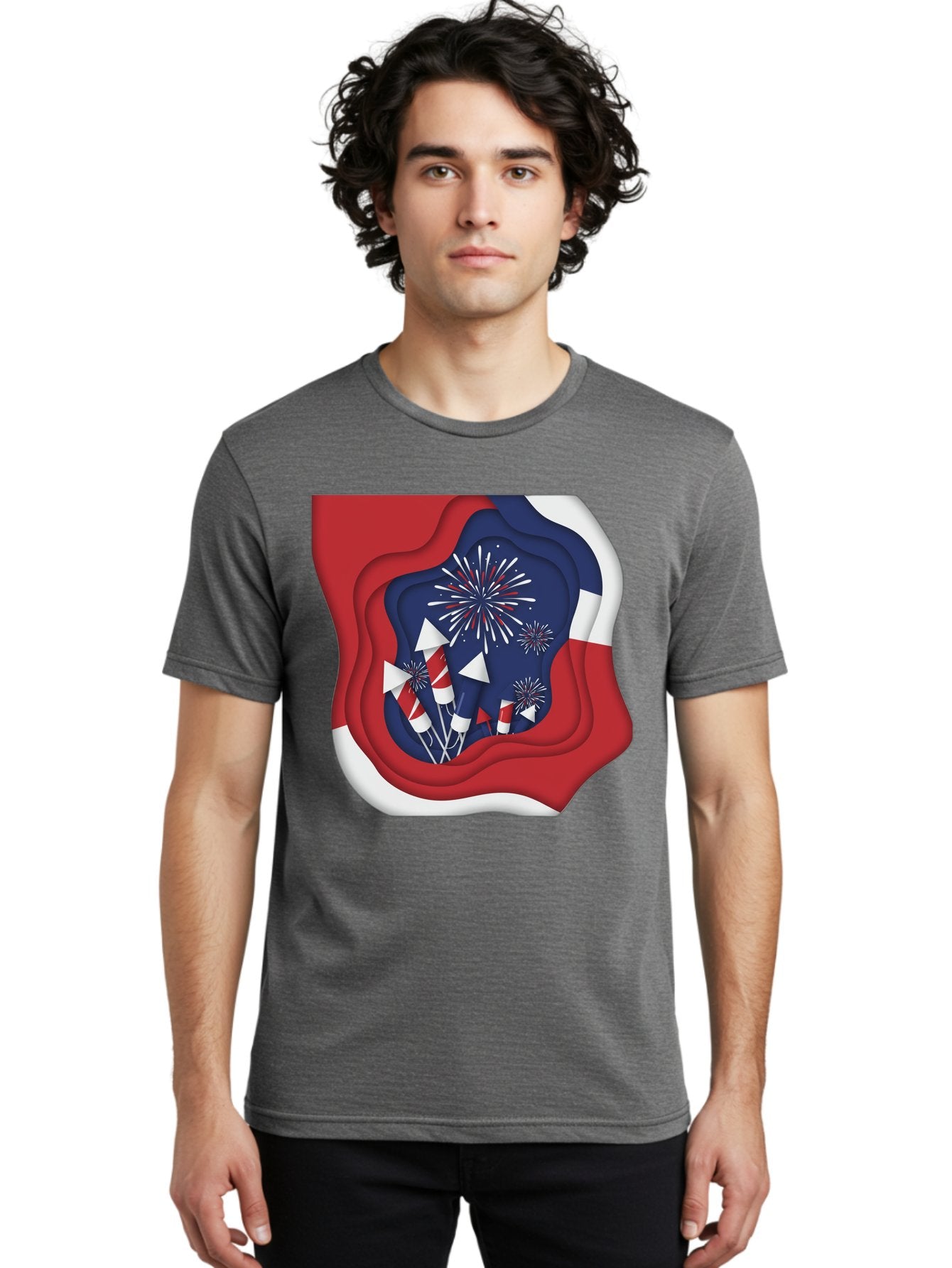 4Th-Of-July-Fireworks Men'S Graphic Tee, 100% Cotton, Comfortable Casual Summer Wear, Machine Washable, 4Th Of July Celebration, Fireworks Display, Patriotic Decor, Red White And Blue, Independence Day, Festive Atmosphere, Layered Paper Art, Bac578 23