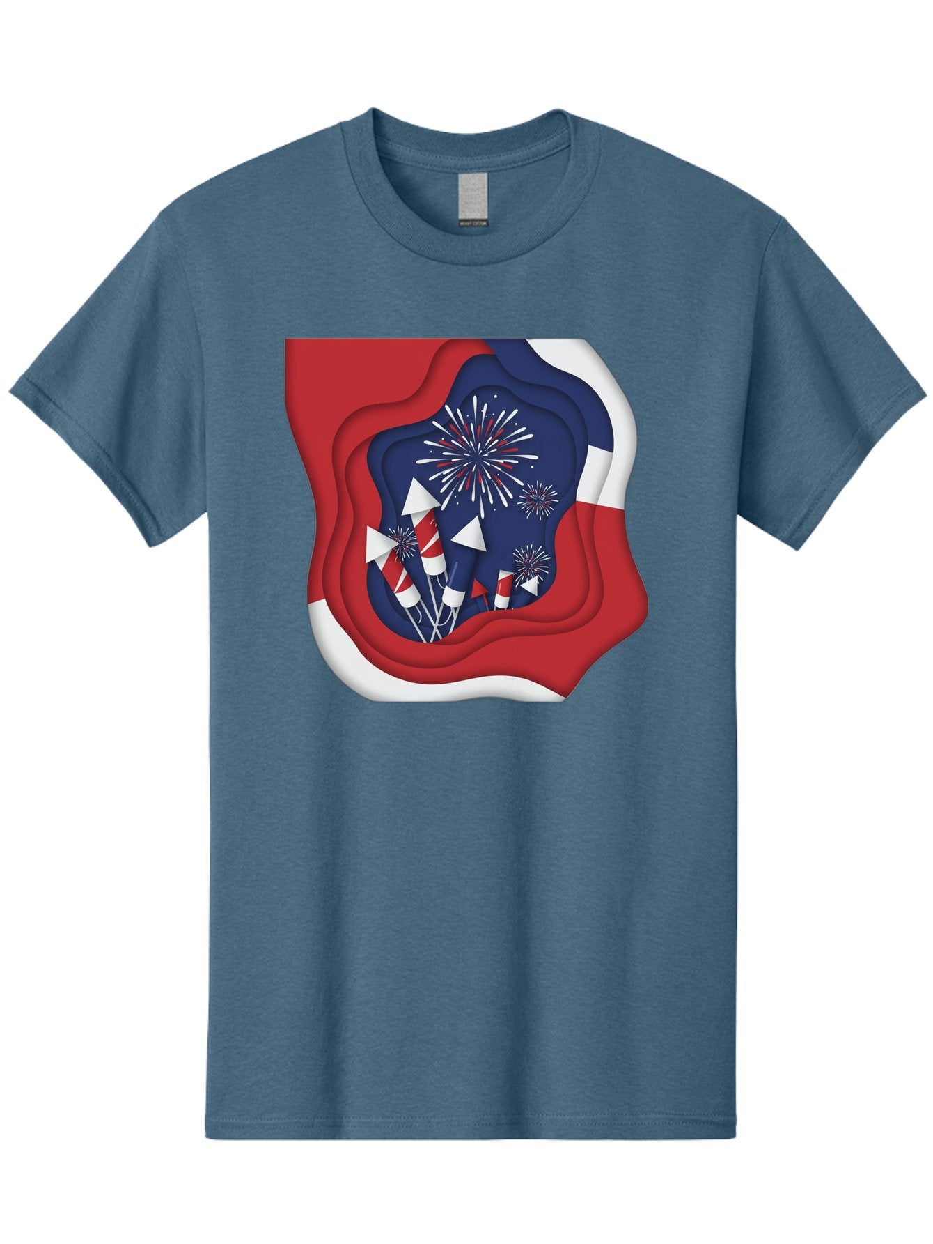 4Th-Of-July-Fireworks Men'S Graphic Tee, 100% Cotton, Comfortable Casual Summer Wear, Machine Washable, 4Th Of July Celebration, Fireworks Display, Patriotic Decor, Red White And Blue, Independence Day, Festive Atmosphere, Layered Paper Art, Bac578 10