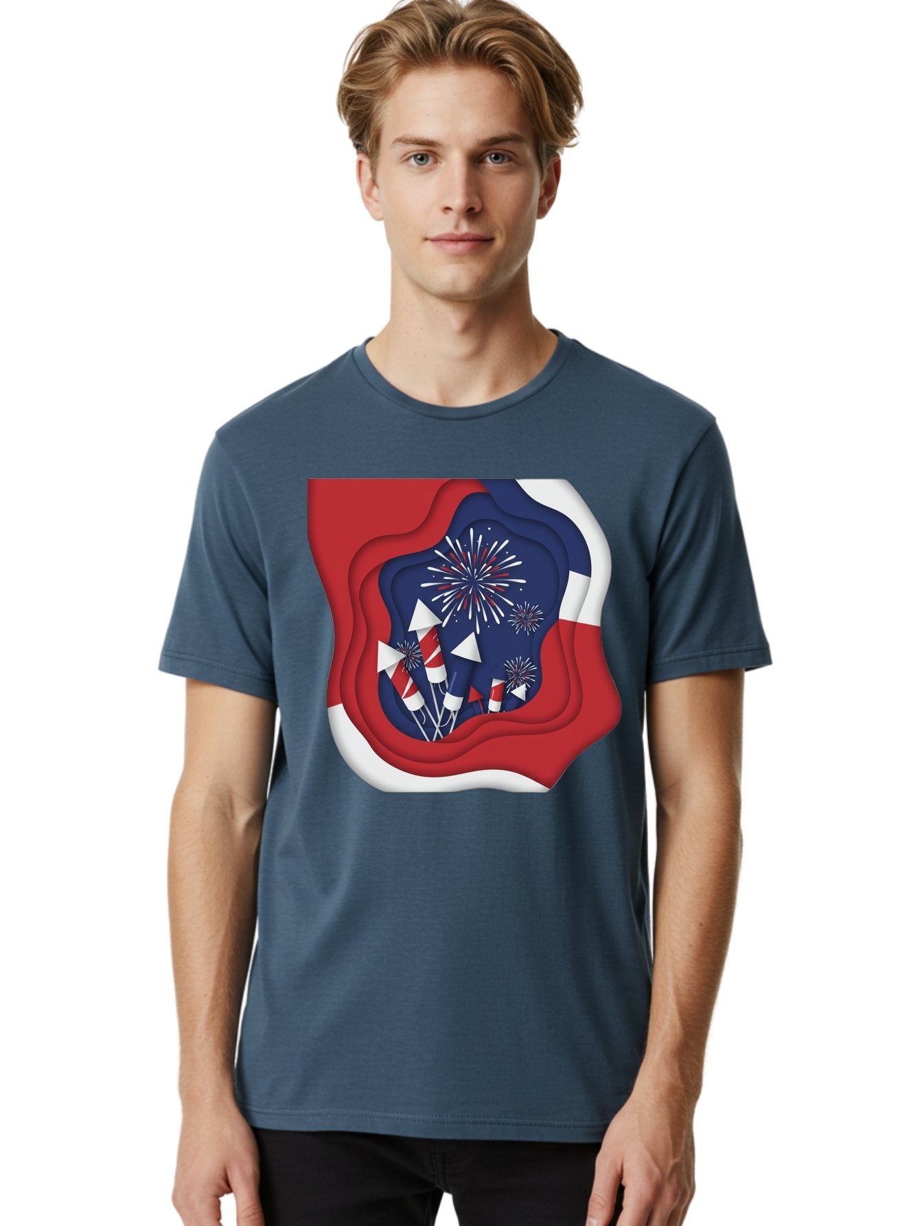 4Th-Of-July-Fireworks Men'S Graphic Tee, 100% Cotton, Comfortable Casual Summer Wear, Machine Washable, 4Th Of July Celebration, Fireworks Display, Patriotic Decor, Red White And Blue, Independence Day, Festive Atmosphere, Layered Paper Art, Bac578 17
