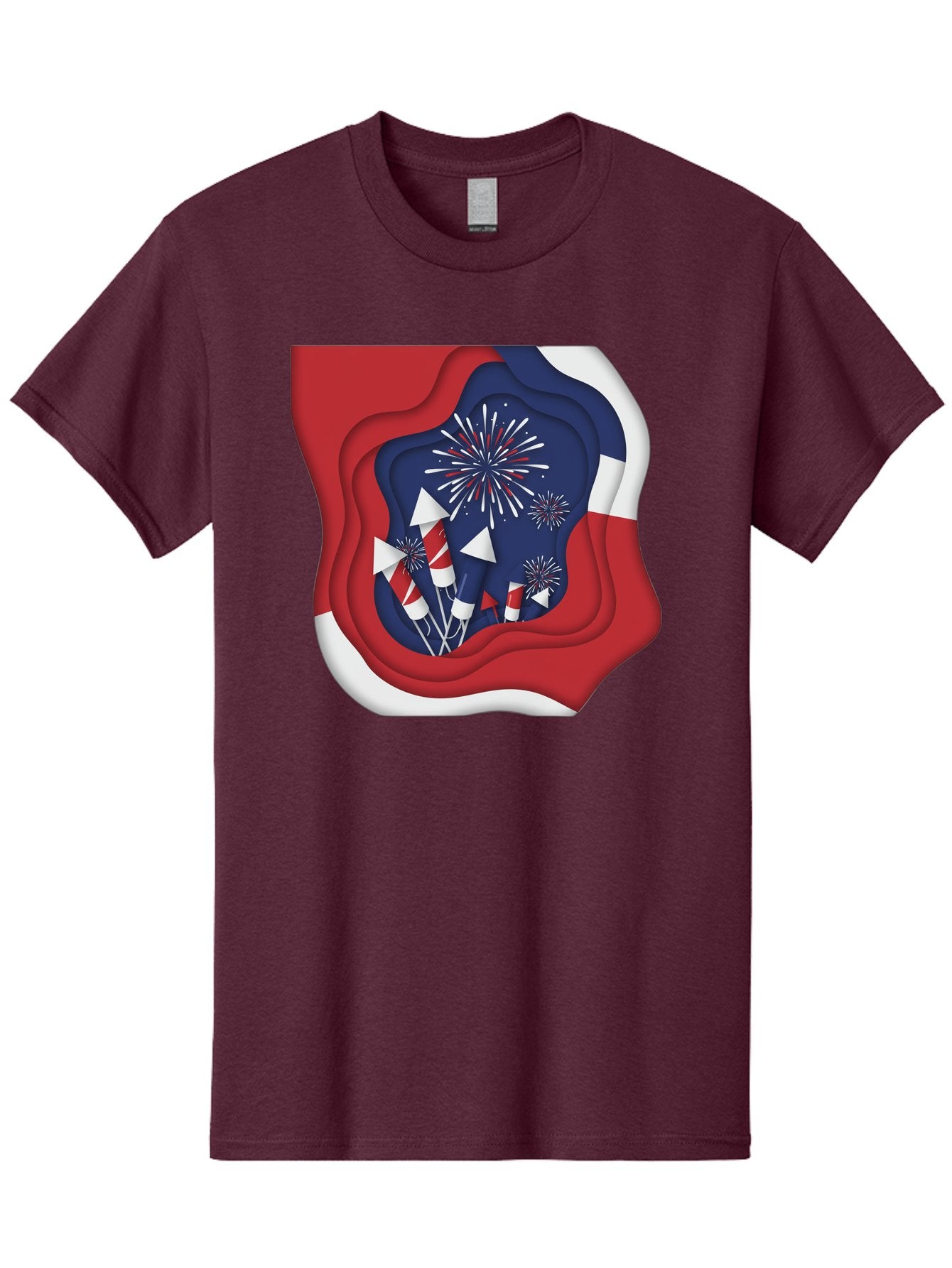 4Th-Of-July-Fireworks Men'S Graphic Tee, 100% Cotton, Comfortable Casual Summer Wear, Machine Washable, 4Th Of July Celebration, Fireworks Display, Patriotic Decor, Red White And Blue, Independence Day, Festive Atmosphere, Layered Paper Art, Bac578 7