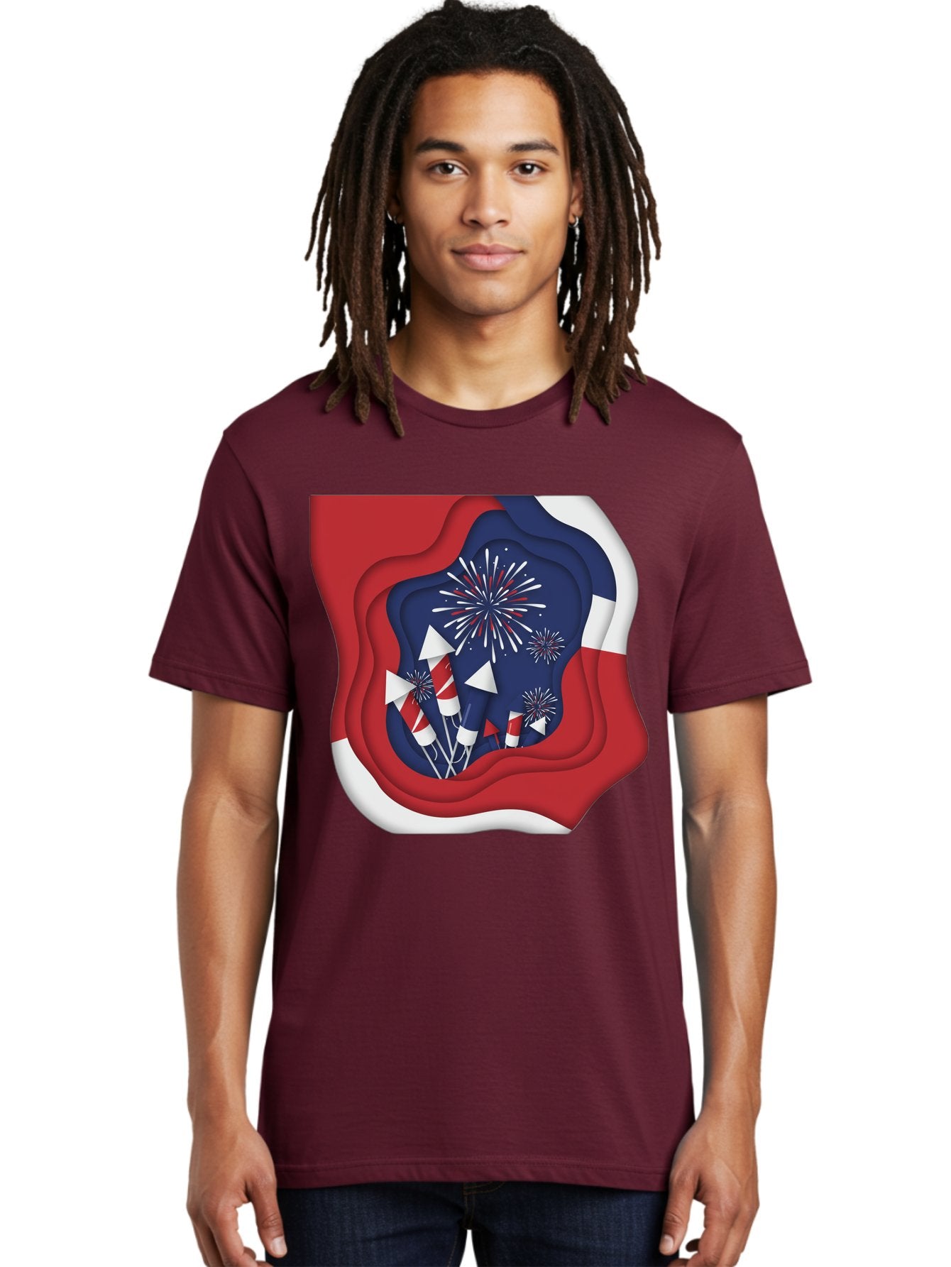 4Th-Of-July-Fireworks Men'S Graphic Tee, 100% Cotton, Comfortable Casual Summer Wear, Machine Washable, 4Th Of July Celebration, Fireworks Display, Patriotic Decor, Red White And Blue, Independence Day, Festive Atmosphere, Layered Paper Art, Bac578 16
