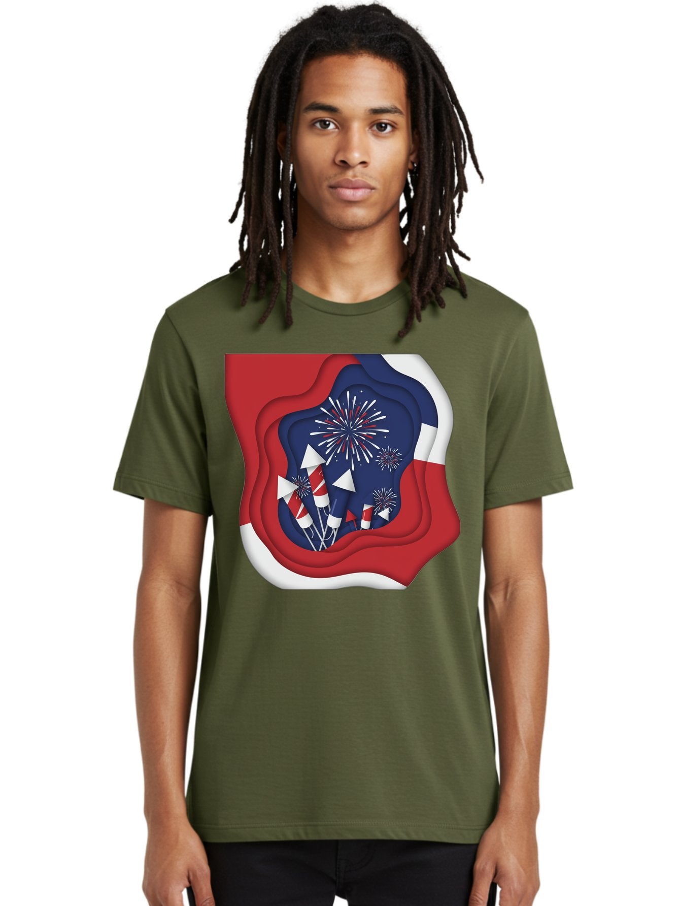 4Th-Of-July-Fireworks Men'S Graphic Tee, 100% Cotton, Comfortable Casual Summer Wear, Machine Washable, 4Th Of July Celebration, Fireworks Display, Patriotic Decor, Red White And Blue, Independence Day, Festive Atmosphere, Layered Paper Art, Bac578 20