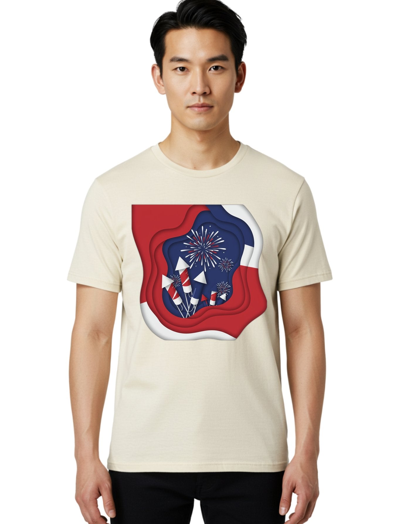 4Th-Of-July-Fireworks Men'S Graphic Tee, 100% Cotton, Comfortable Casual Summer Wear, Machine Washable, 4Th Of July Celebration, Fireworks Display, Patriotic Decor, Red White And Blue, Independence Day, Festive Atmosphere, Layered Paper Art, Bac578 18