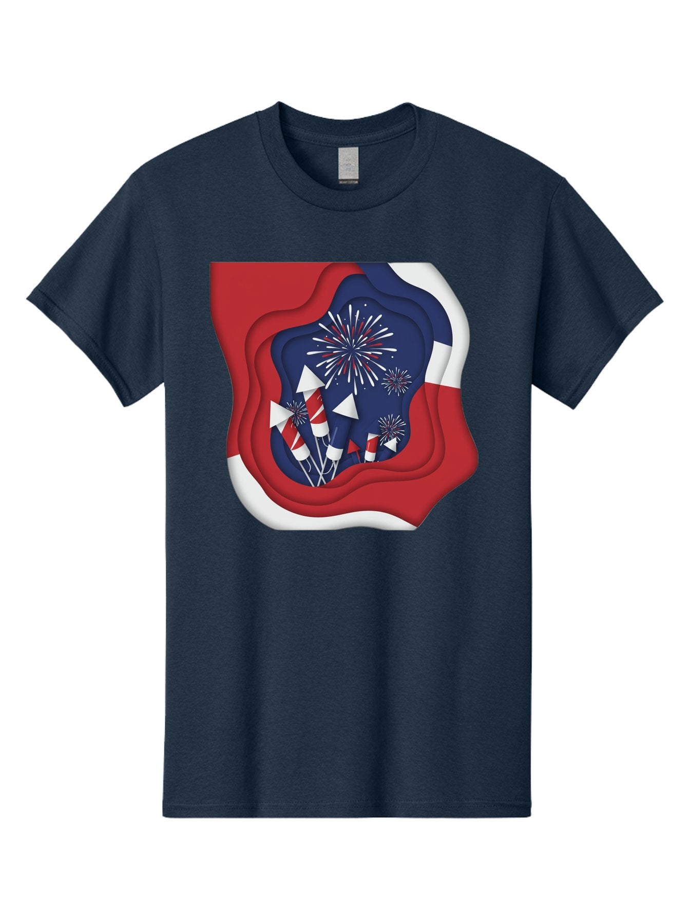 4Th-Of-July-Fireworks Men'S Graphic Tee, 100% Cotton, Comfortable Casual Summer Wear, Machine Washable, 4Th Of July Celebration, Fireworks Display, Patriotic Decor, Red White And Blue, Independence Day, Festive Atmosphere, Layered Paper Art, Bac578