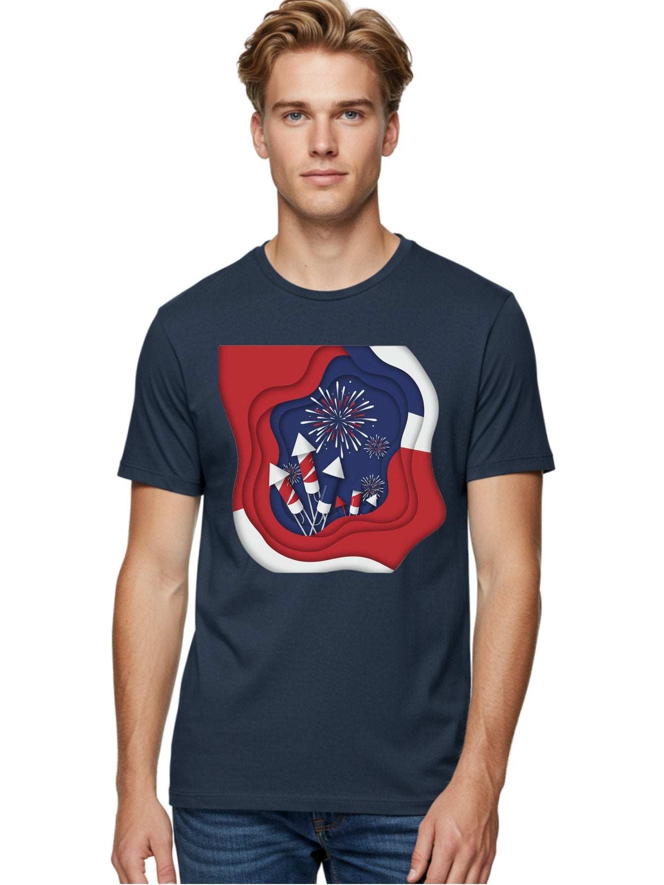 4Th-Of-July-Fireworks Men'S Graphic Tee, 100% Cotton, Comfortable Casual Summer Wear, Machine Washable, 4Th Of July Celebration, Fireworks Display, Patriotic Decor, Red White And Blue, Independence Day, Festive Atmosphere, Layered Paper Art, Bac578 19