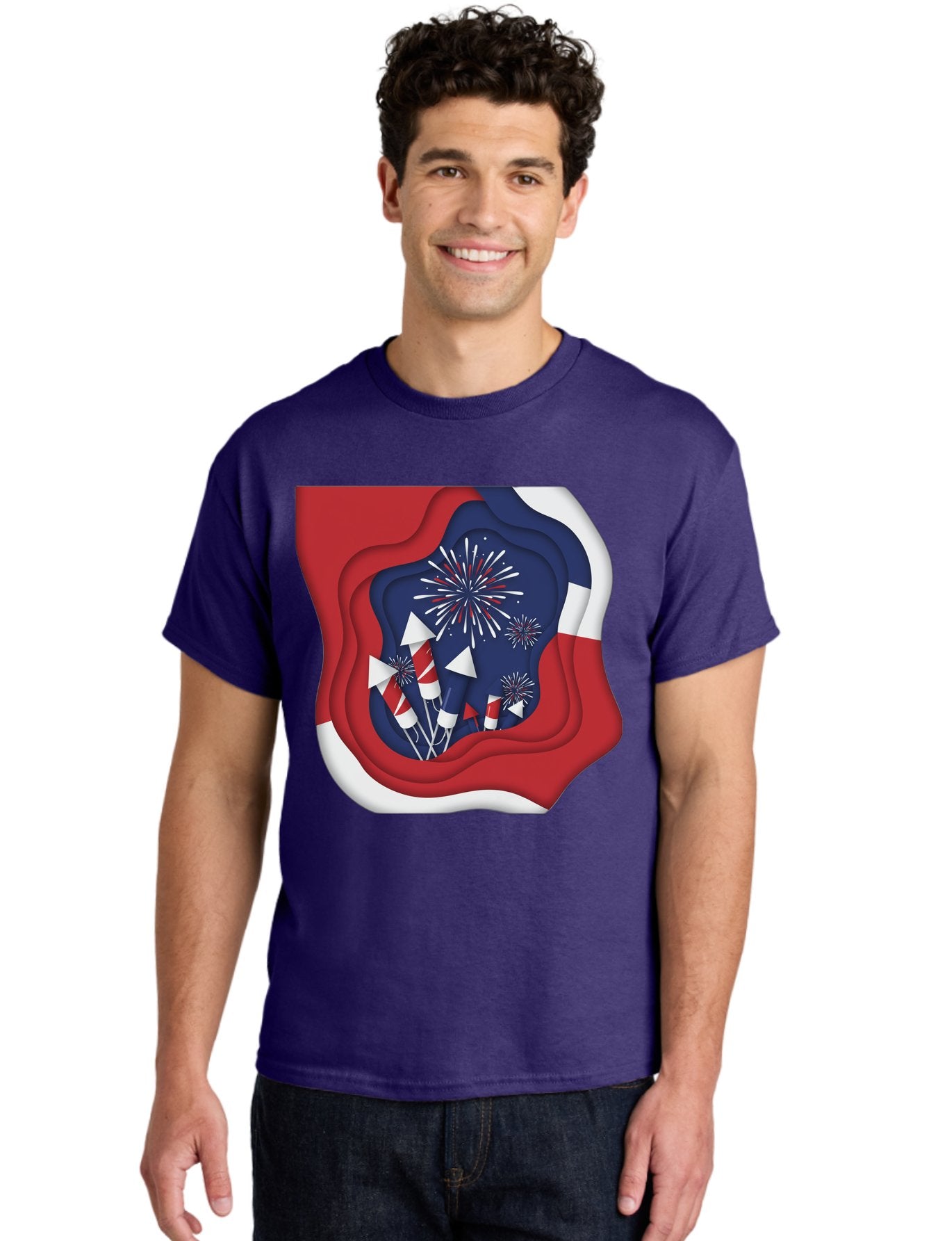 4Th-Of-July-Fireworks Men'S Graphic Tee, 100% Cotton, Comfortable Casual Summer Wear, Machine Washable, 4Th Of July Celebration, Fireworks Display, Patriotic Decor, Red White And Blue, Independence Day, Festive Atmosphere, Layered Paper Art, Bac578 25