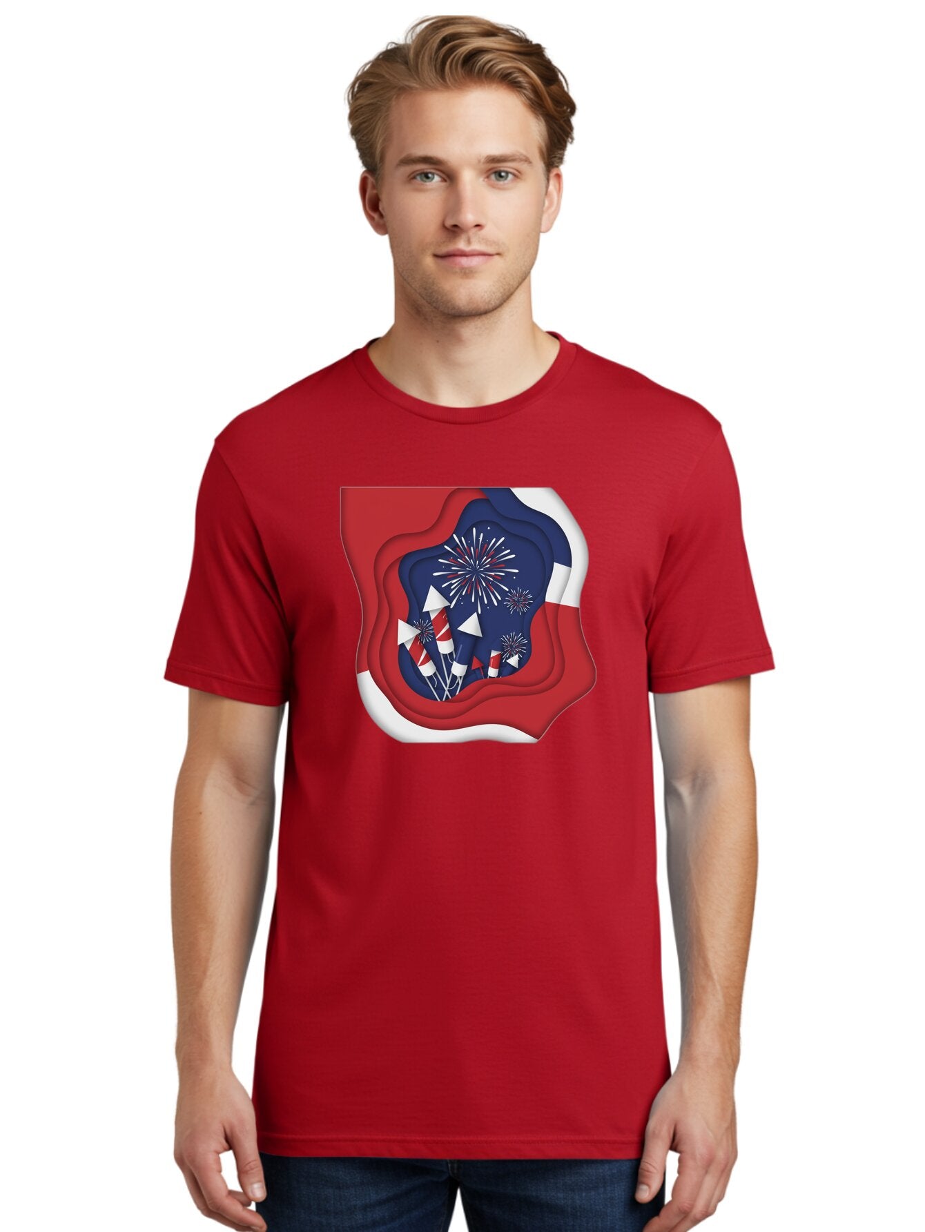 4Th-Of-July-Fireworks Men'S Graphic Tee, 100% Cotton, Comfortable Casual Summer Wear, Machine Washable, 4Th Of July Celebration, Fireworks Display, Patriotic Decor, Red White And Blue, Independence Day, Festive Atmosphere, Layered Paper Art, Bac578 29