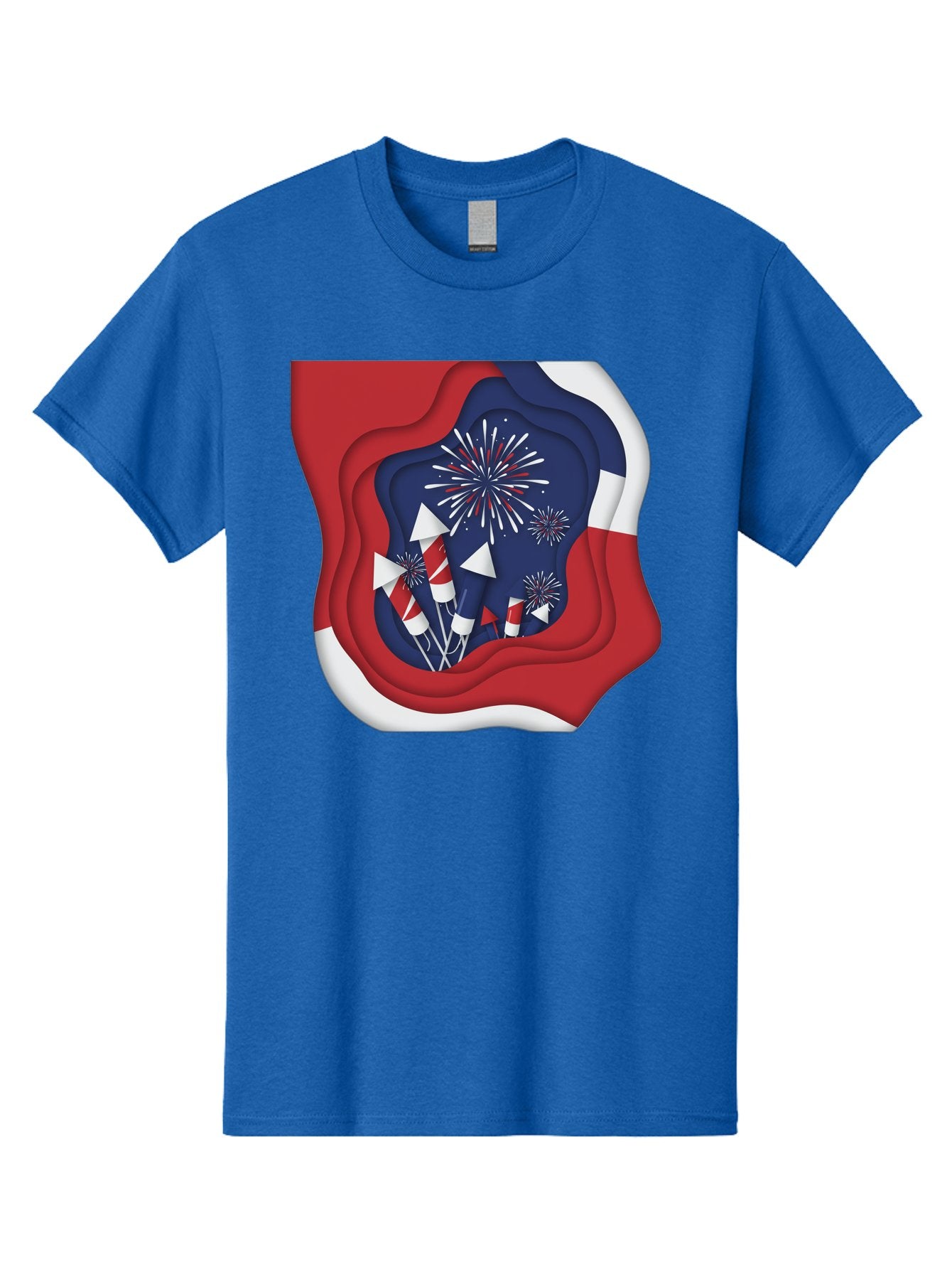4Th-Of-July-Fireworks Men'S Graphic Tee, 100% Cotton, Comfortable Casual Summer Wear, Machine Washable, 4Th Of July Celebration, Fireworks Display, Patriotic Decor, Red White And Blue, Independence Day, Festive Atmosphere, Layered Paper Art, Bac578 6