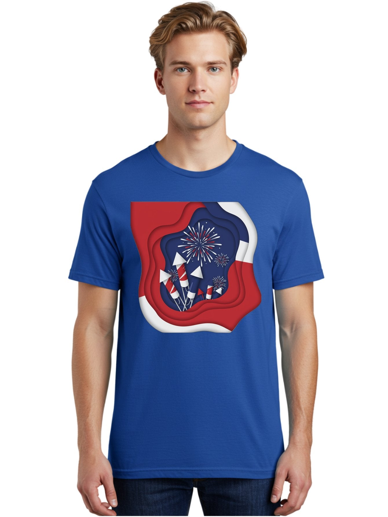 4Th-Of-July-Fireworks Men'S Graphic Tee, 100% Cotton, Comfortable Casual Summer Wear, Machine Washable, 4Th Of July Celebration, Fireworks Display, Patriotic Decor, Red White And Blue, Independence Day, Festive Atmosphere, Layered Paper Art, Bac578 24