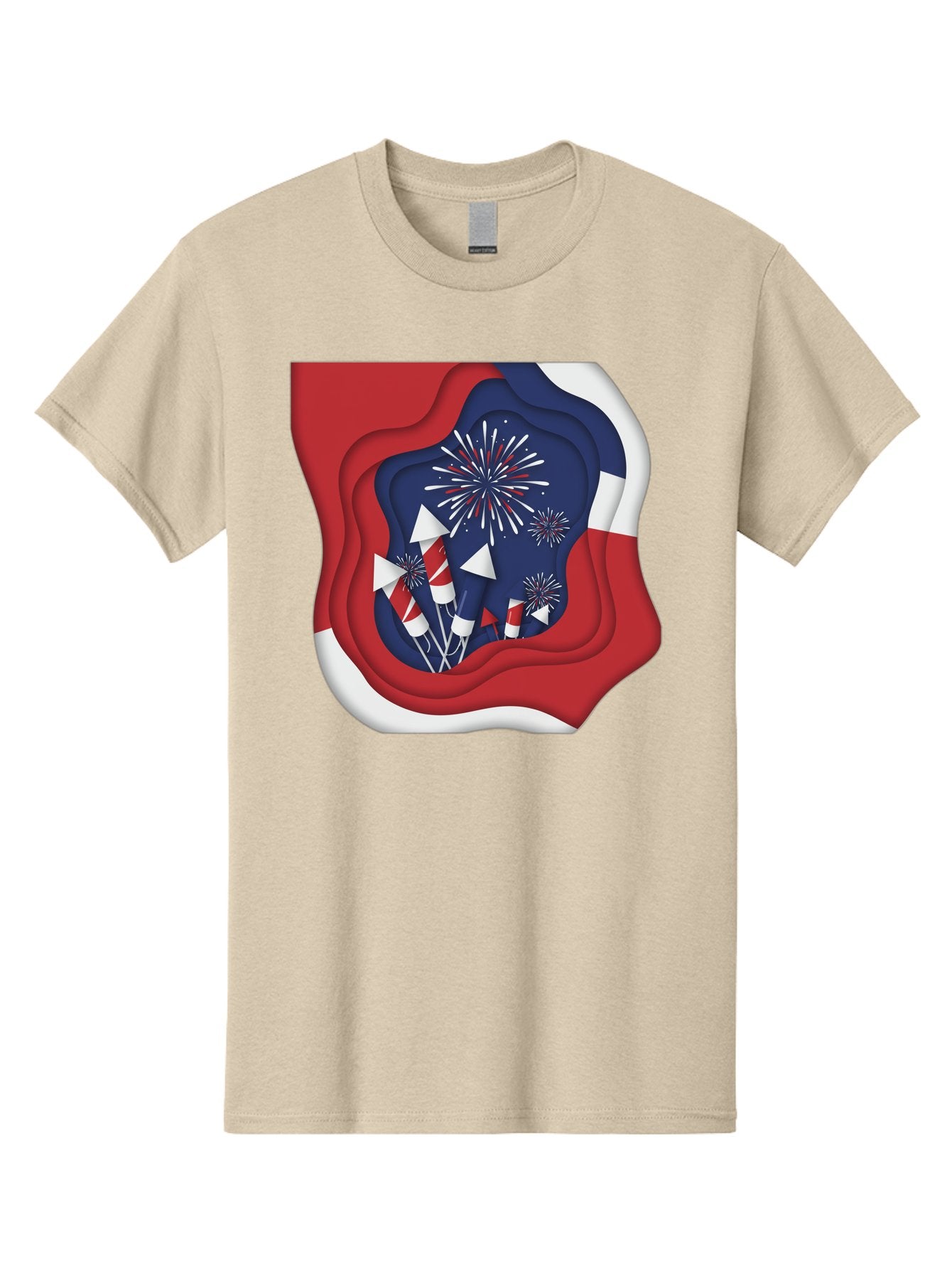 4Th-Of-July-Fireworks Men'S Graphic Tee, 100% Cotton, Comfortable Casual Summer Wear, Machine Washable, 4Th Of July Celebration, Fireworks Display, Patriotic Decor, Red White And Blue, Independence Day, Festive Atmosphere, Layered Paper Art, Bac578 3