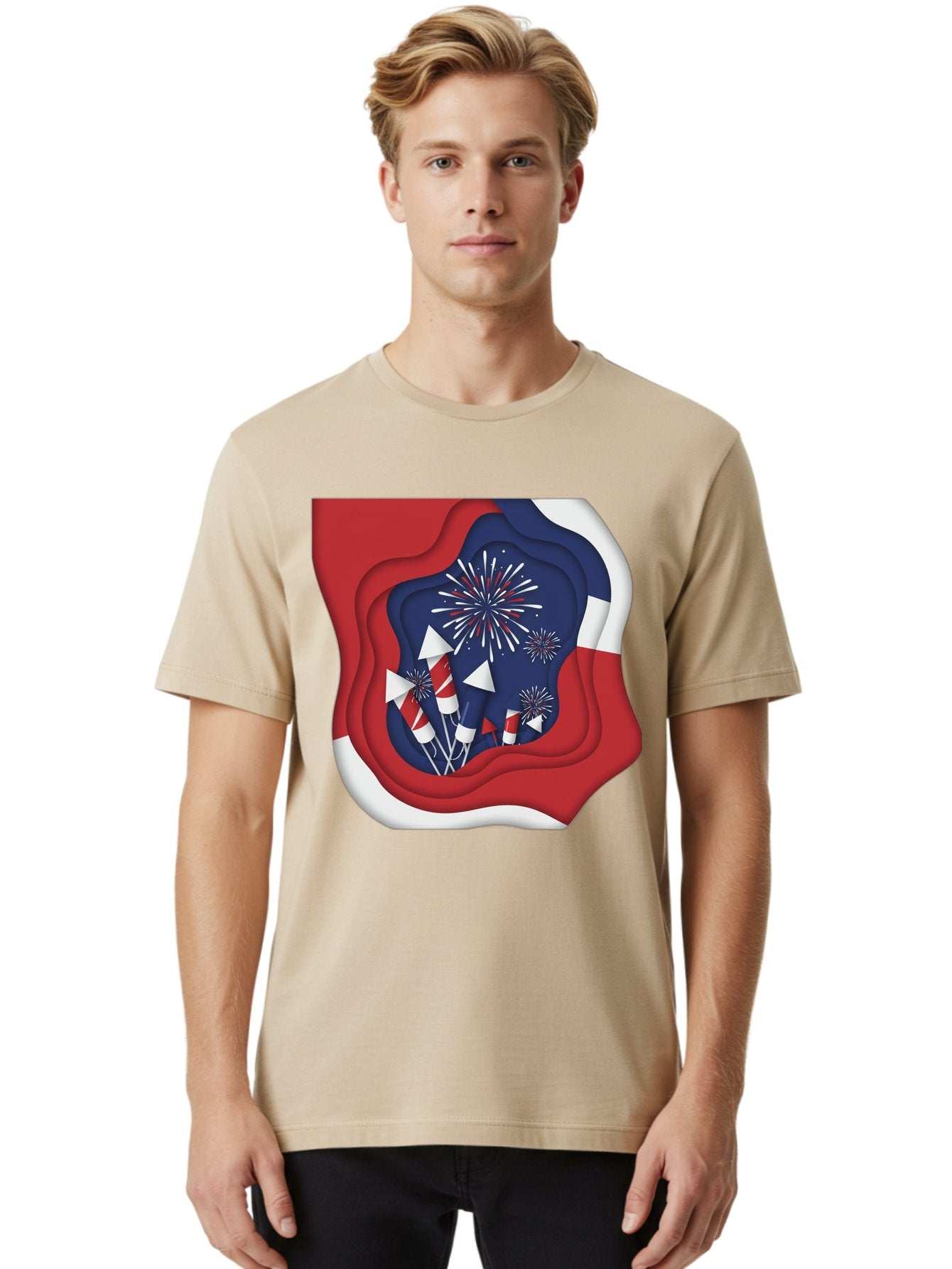 4Th-Of-July-Fireworks Men'S Graphic Tee, 100% Cotton, Comfortable Casual Summer Wear, Machine Washable, 4Th Of July Celebration, Fireworks Display, Patriotic Decor, Red White And Blue, Independence Day, Festive Atmosphere, Layered Paper Art, Bac578 22