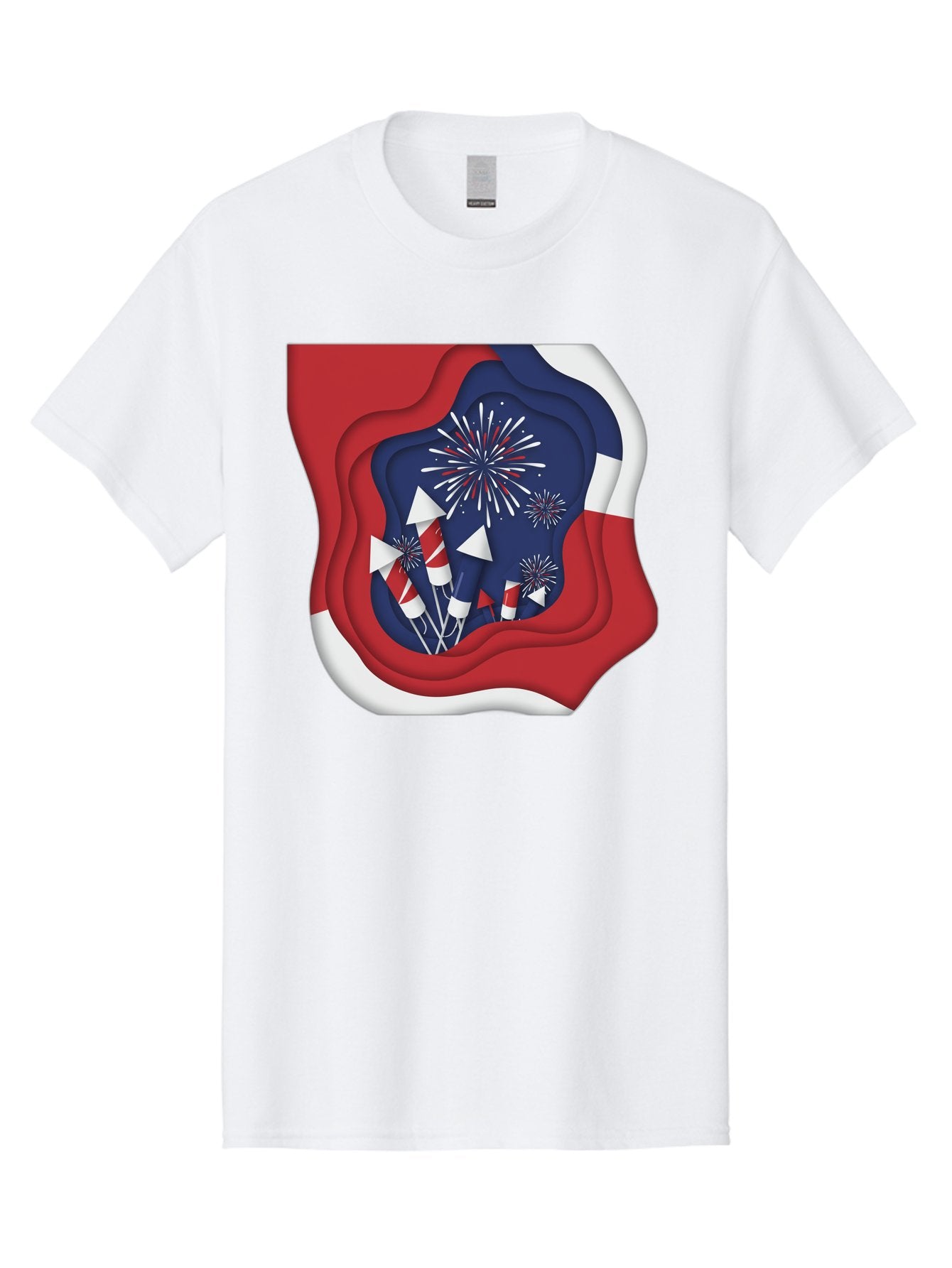 4Th-Of-July-Fireworks Men'S Graphic Tee, 100% Cotton, Comfortable Casual Summer Wear, Machine Washable, 4Th Of July Celebration, Fireworks Display, Patriotic Decor, Red White And Blue, Independence Day, Festive Atmosphere, Layered Paper Art, Bac578 9