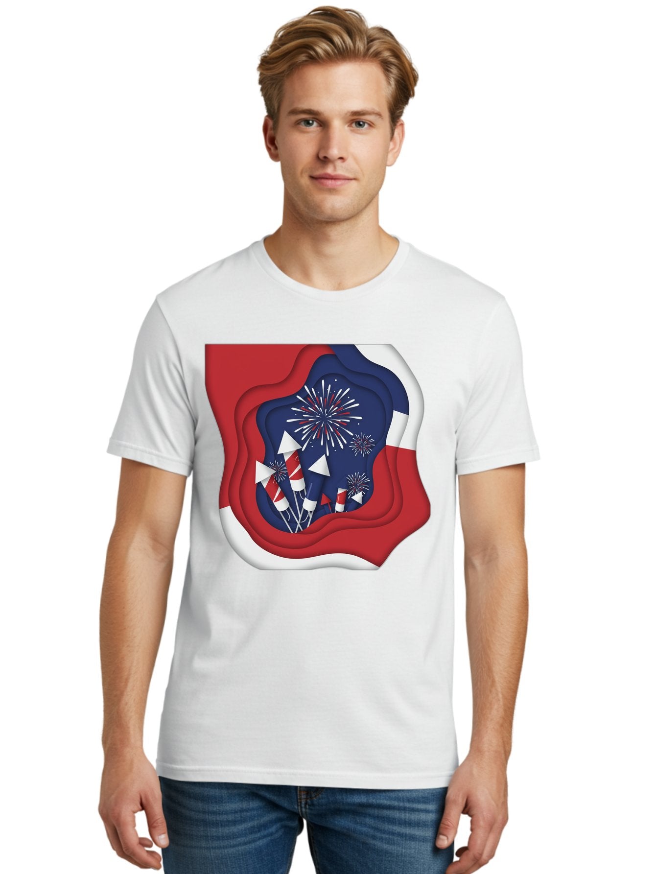 4Th-Of-July-Fireworks Men'S Graphic Tee, 100% Cotton, Comfortable Casual Summer Wear, Machine Washable, 4Th Of July Celebration, Fireworks Display, Patriotic Decor, Red White And Blue, Independence Day, Festive Atmosphere, Layered Paper Art, Bac578 26