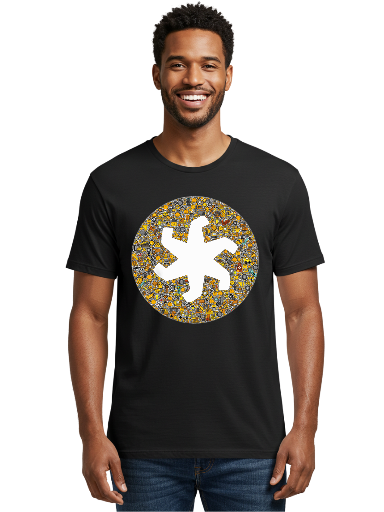 Airplane-Silhouette-Mosaic Men'S Graphic Tee, 100% Cotton, Comfortable Casual Summer Wear, Machine Washable, Airplane Silhouette, Yellow And Gray Mosaic, Machinery Parts, Industrial Theme, Creative Design, Travel Concept, Abstract Art, Bac581 28