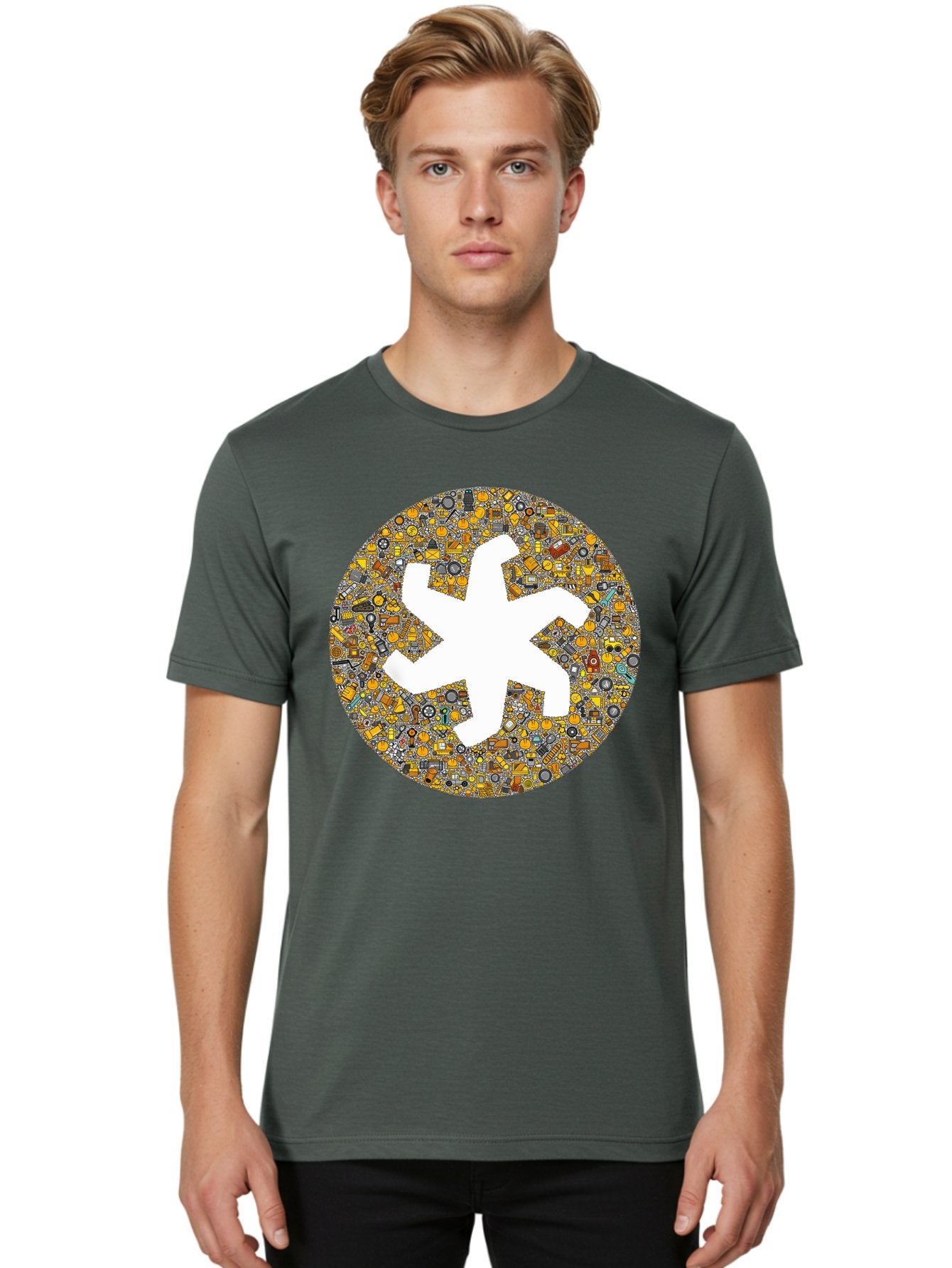 Airplane-Silhouette-Mosaic Men'S Graphic Tee, 100% Cotton, Comfortable Casual Summer Wear, Machine Washable, Airplane Silhouette, Yellow And Gray Mosaic, Machinery Parts, Industrial Theme, Creative Design, Travel Concept, Abstract Art, Bac581 22