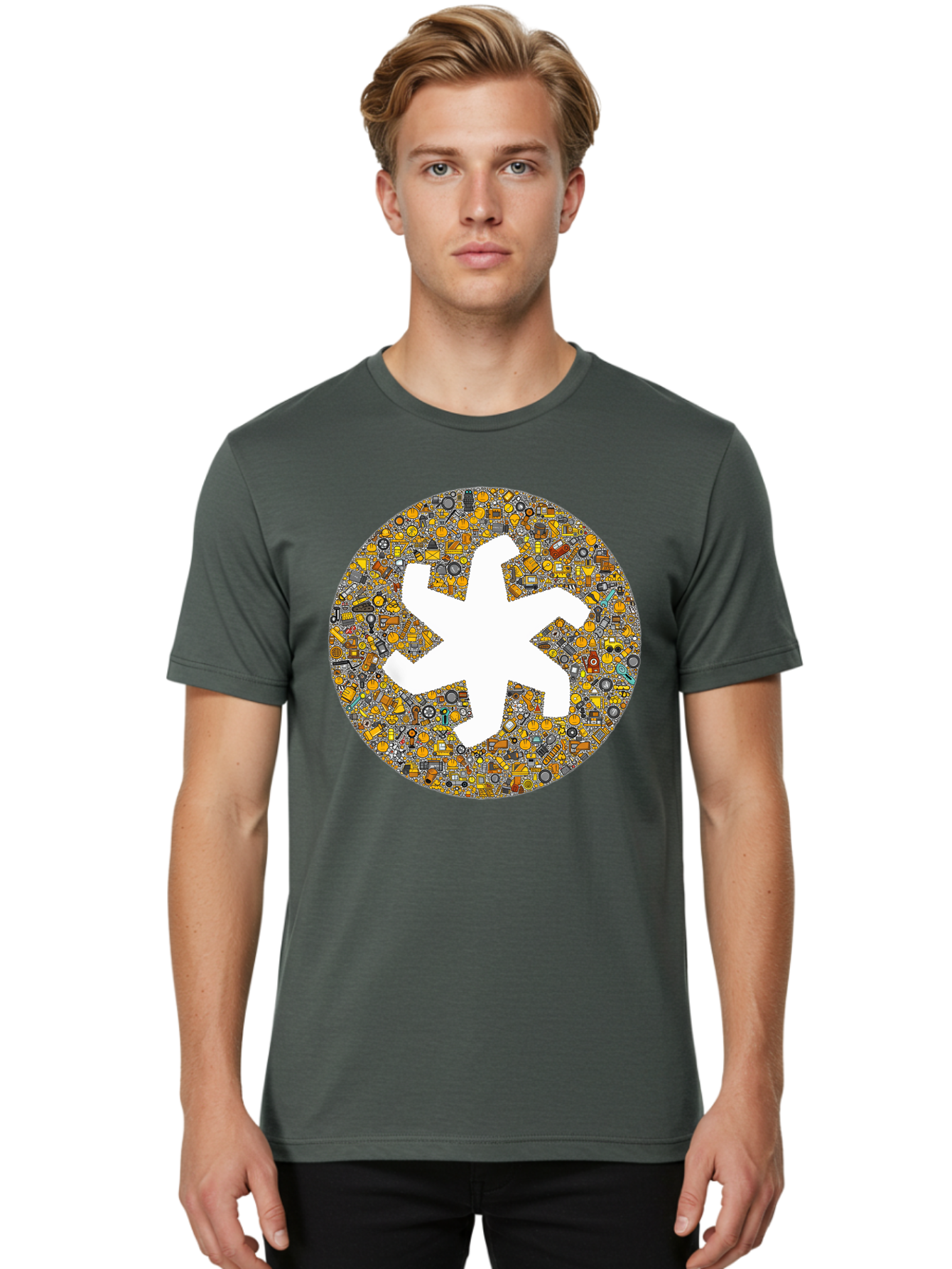 Airplane-Silhouette-Mosaic Men'S Graphic Tee, 100% Cotton, Comfortable Casual Summer Wear, Machine Washable, Airplane Silhouette, Yellow And Gray Mosaic, Machinery Parts, Industrial Theme, Creative Design, Travel Concept, Abstract Art, Bac581 24