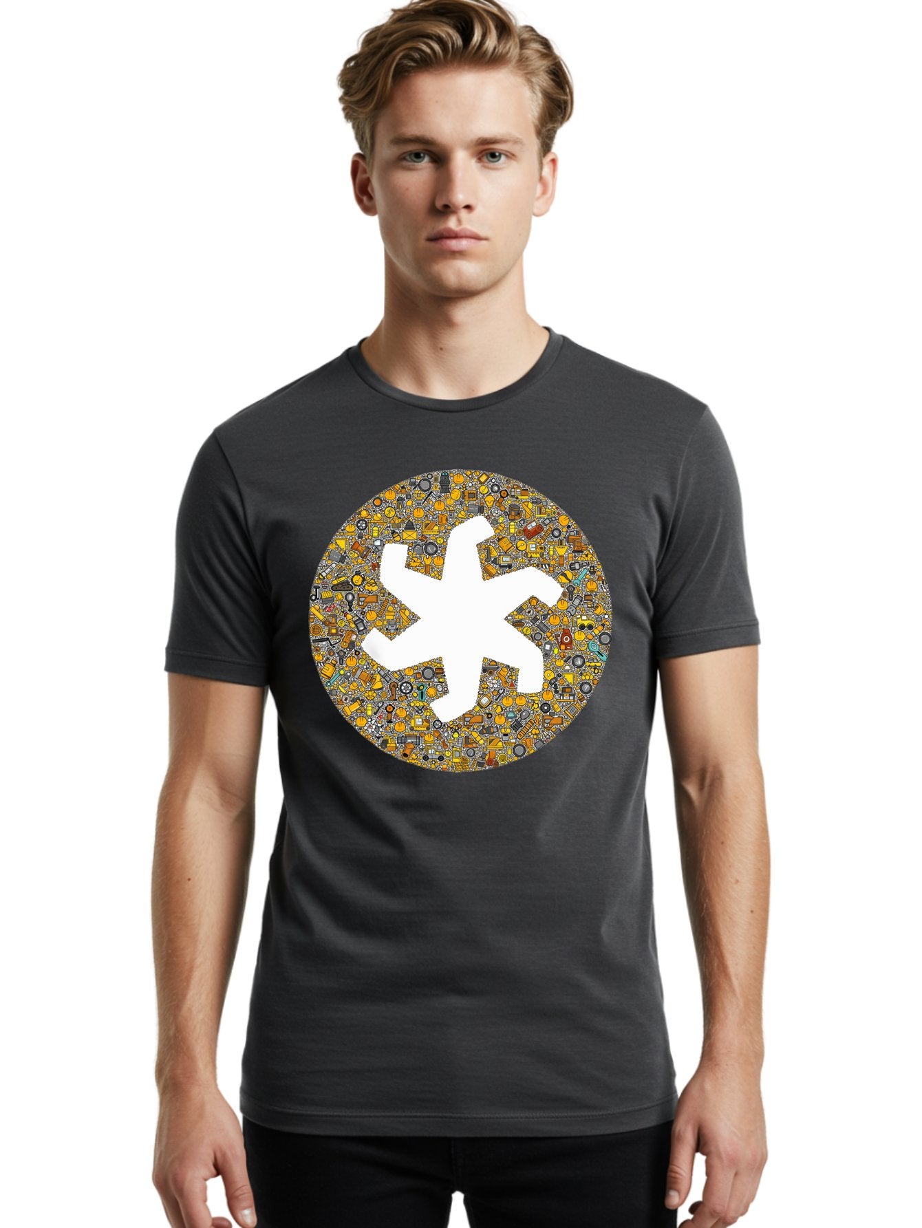 Airplane-Silhouette-Mosaic Men'S Graphic Tee, 100% Cotton, Comfortable Casual Summer Wear, Machine Washable, Airplane Silhouette, Yellow And Gray Mosaic, Machinery Parts, Industrial Theme, Creative Design, Travel Concept, Abstract Art, Bac581 24