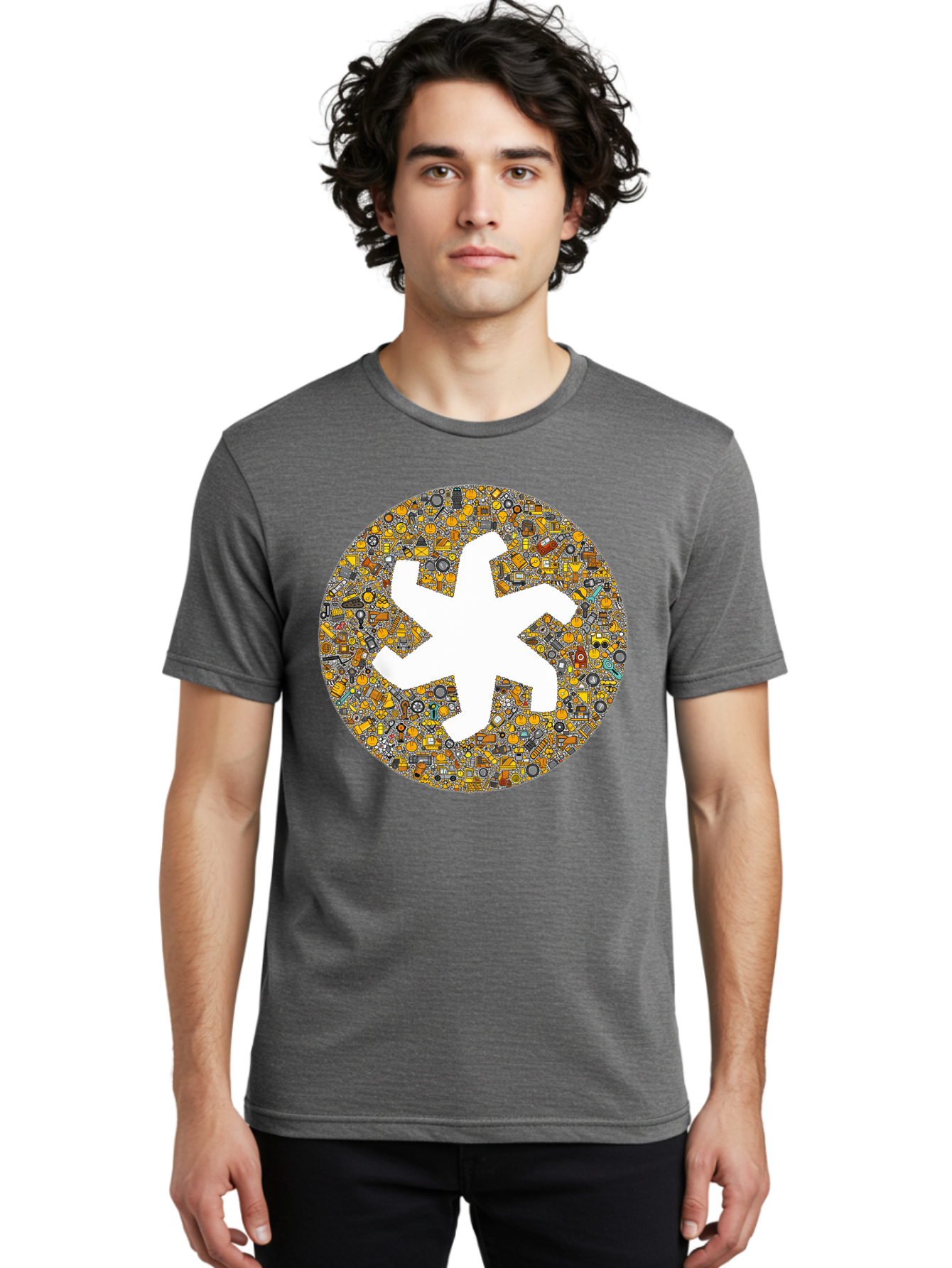 Airplane-Silhouette-Mosaic Men'S Graphic Tee, 100% Cotton, Comfortable Casual Summer Wear, Machine Washable, Airplane Silhouette, Yellow And Gray Mosaic, Machinery Parts, Industrial Theme, Creative Design, Travel Concept, Abstract Art, Bac581 23