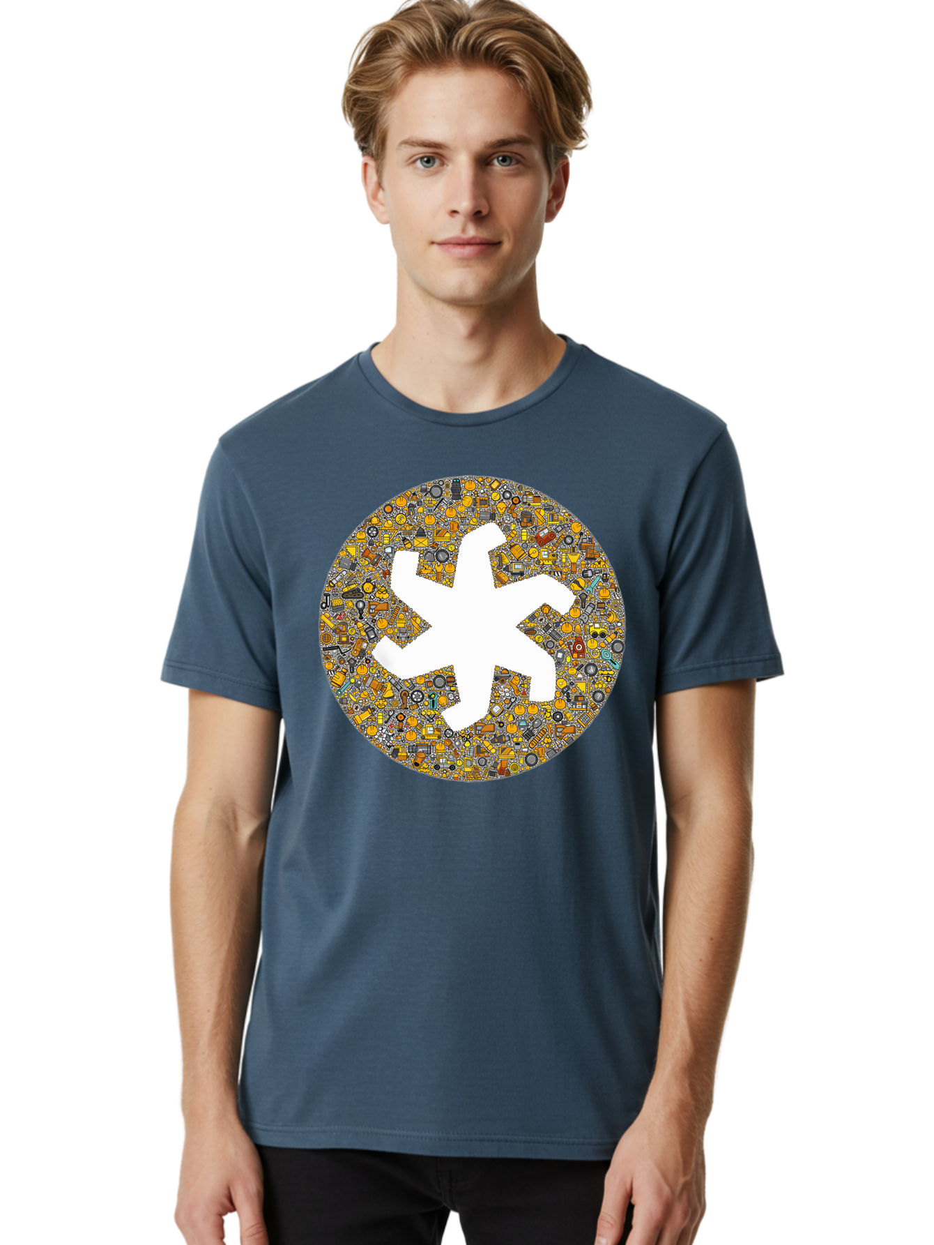 Airplane-Silhouette-Mosaic Men'S Graphic Tee, 100% Cotton, Comfortable Casual Summer Wear, Machine Washable, Airplane Silhouette, Yellow And Gray Mosaic, Machinery Parts, Industrial Theme, Creative Design, Travel Concept, Abstract Art, Bac581 18