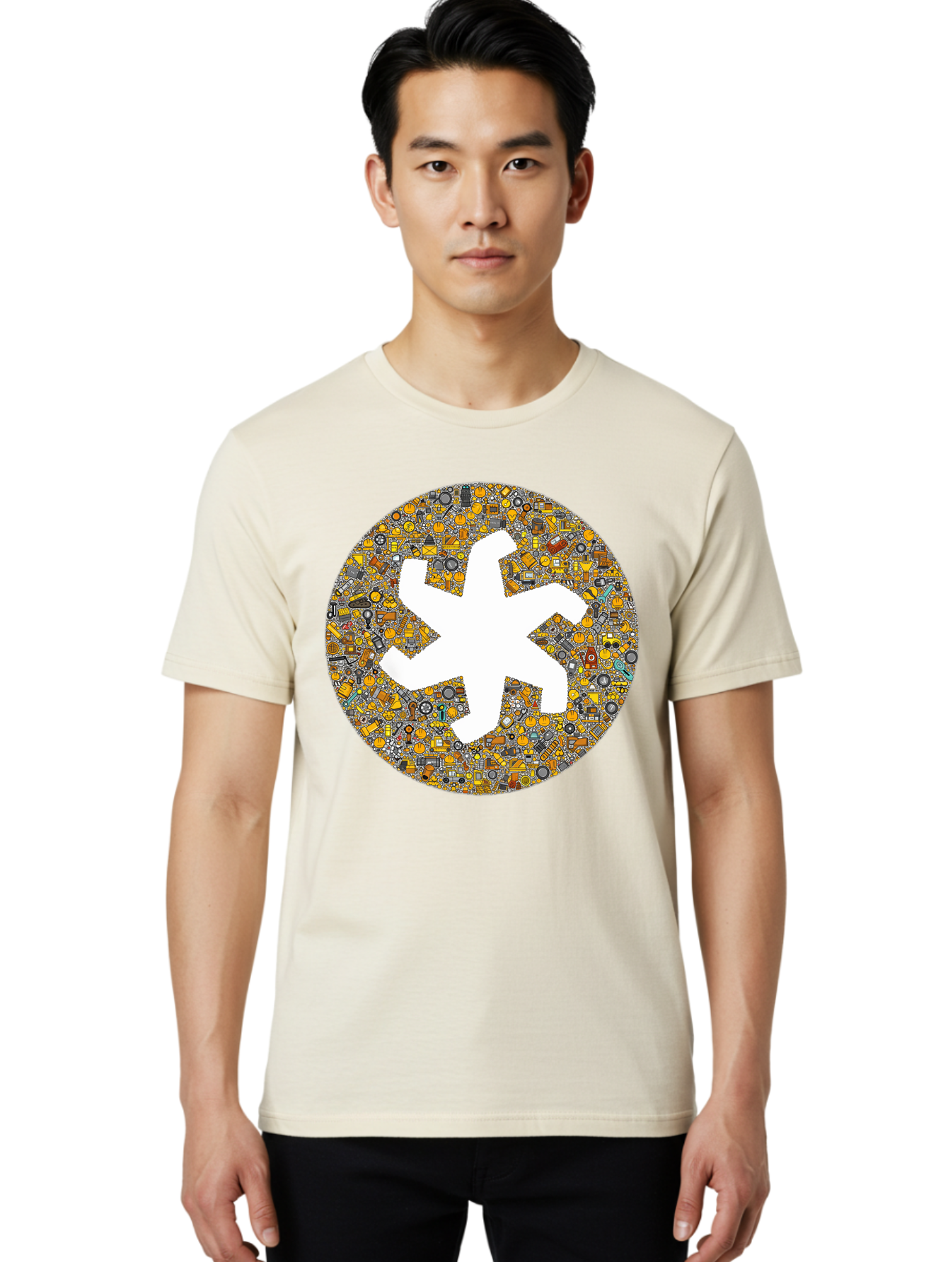 Airplane-Silhouette-Mosaic Men'S Graphic Tee, 100% Cotton, Comfortable Casual Summer Wear, Machine Washable, Airplane Silhouette, Yellow And Gray Mosaic, Machinery Parts, Industrial Theme, Creative Design, Travel Concept, Abstract Art, Bac581 29