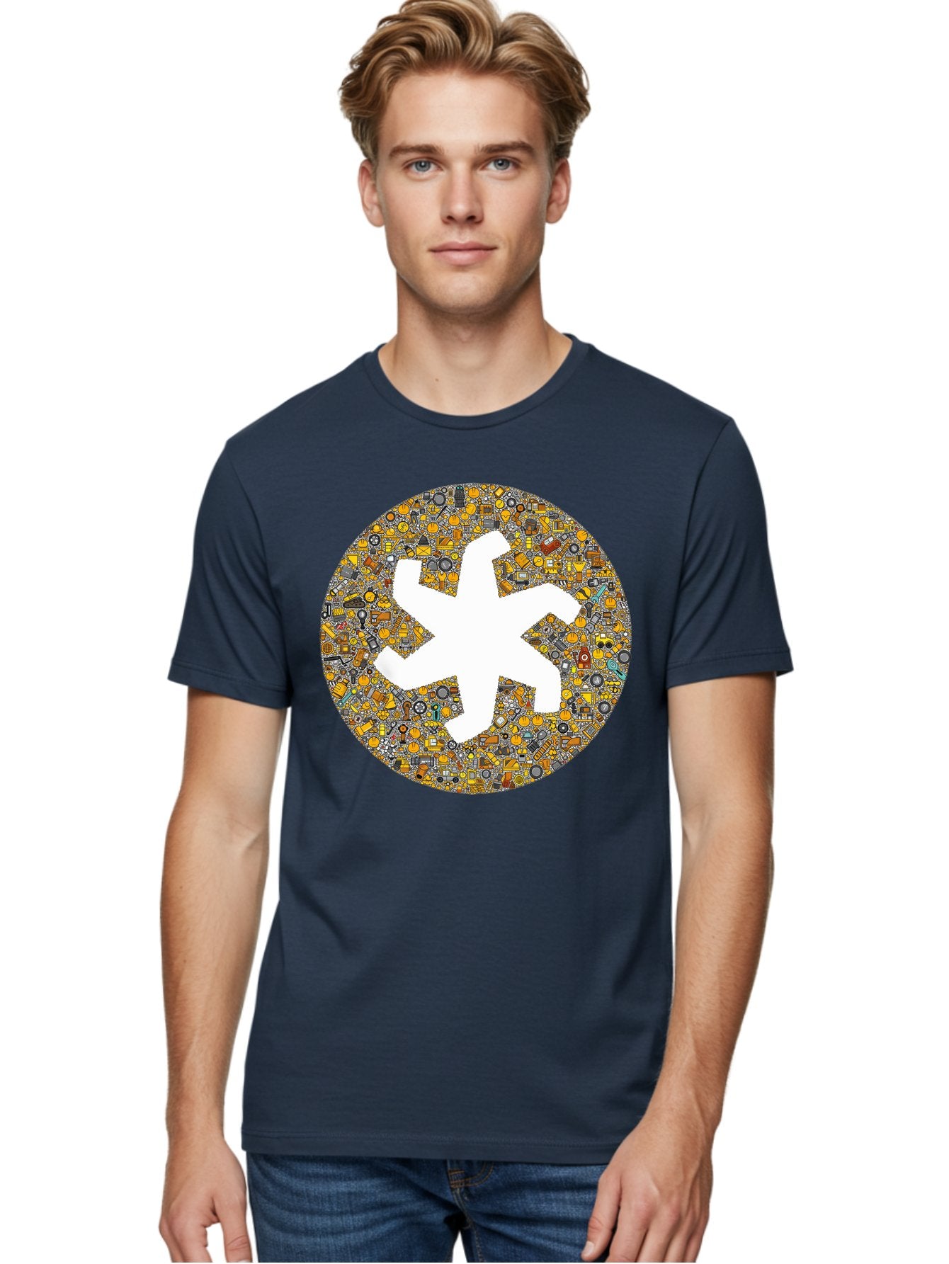Airplane-Silhouette-Mosaic Men'S Graphic Tee, 100% Cotton, Comfortable Casual Summer Wear, Machine Washable, Airplane Silhouette, Yellow And Gray Mosaic, Machinery Parts, Industrial Theme, Creative Design, Travel Concept, Abstract Art, Bac581 27