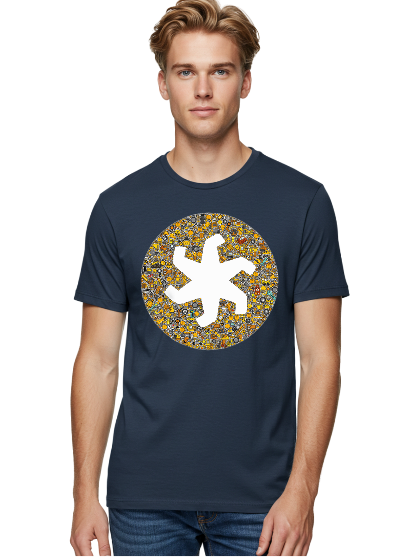 Airplane-Silhouette-Mosaic Men'S Graphic Tee, 100% Cotton, Comfortable Casual Summer Wear, Machine Washable, Airplane Silhouette, Yellow And Gray Mosaic, Machinery Parts, Industrial Theme, Creative Design, Travel Concept, Abstract Art, Bac581 19
