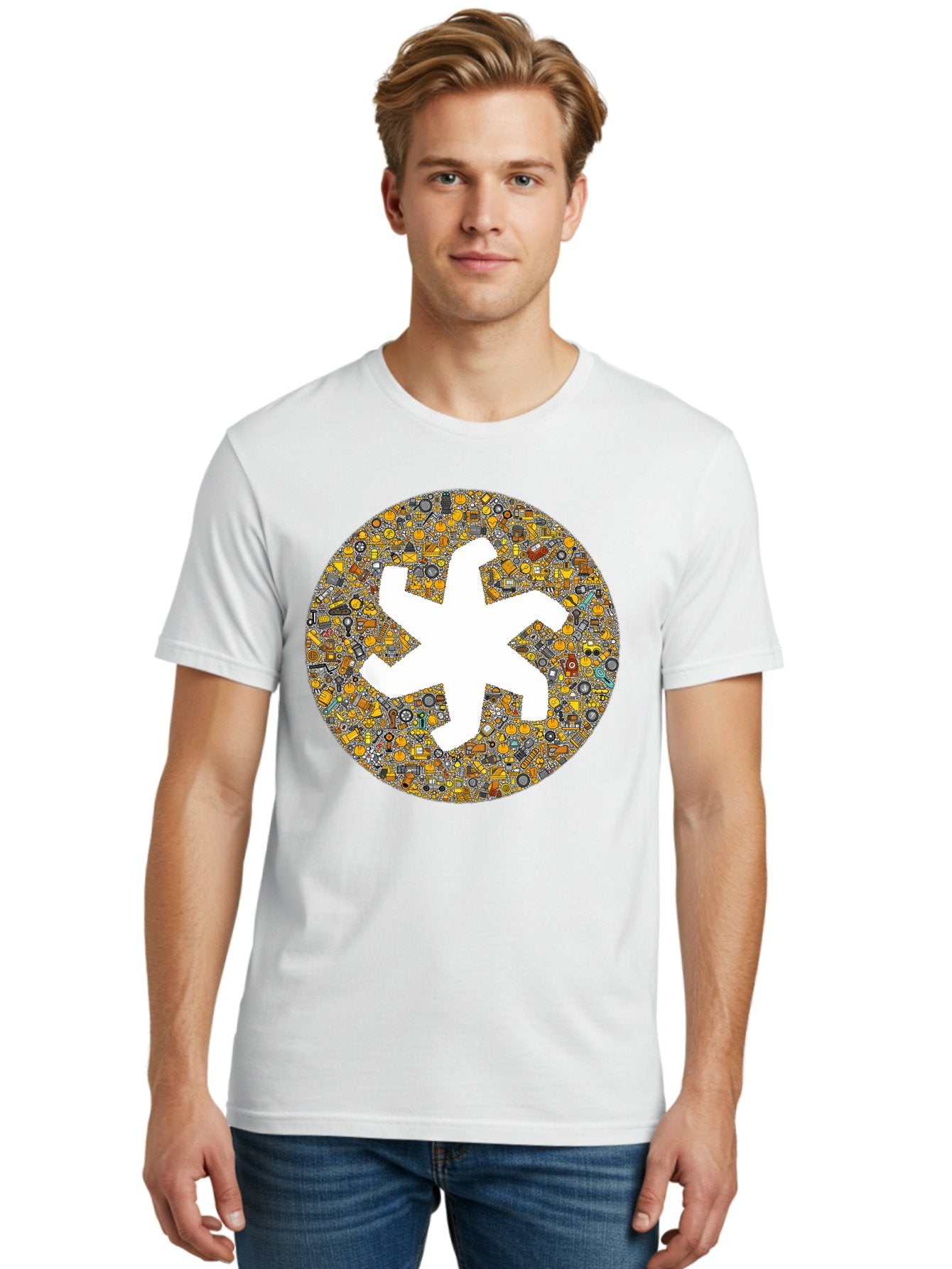 Airplane-Silhouette-Mosaic Men'S Graphic Tee, 100% Cotton, Comfortable Casual Summer Wear, Machine Washable, Airplane Silhouette, Yellow And Gray Mosaic, Machinery Parts, Industrial Theme, Creative Design, Travel Concept, Abstract Art, Bac581 25