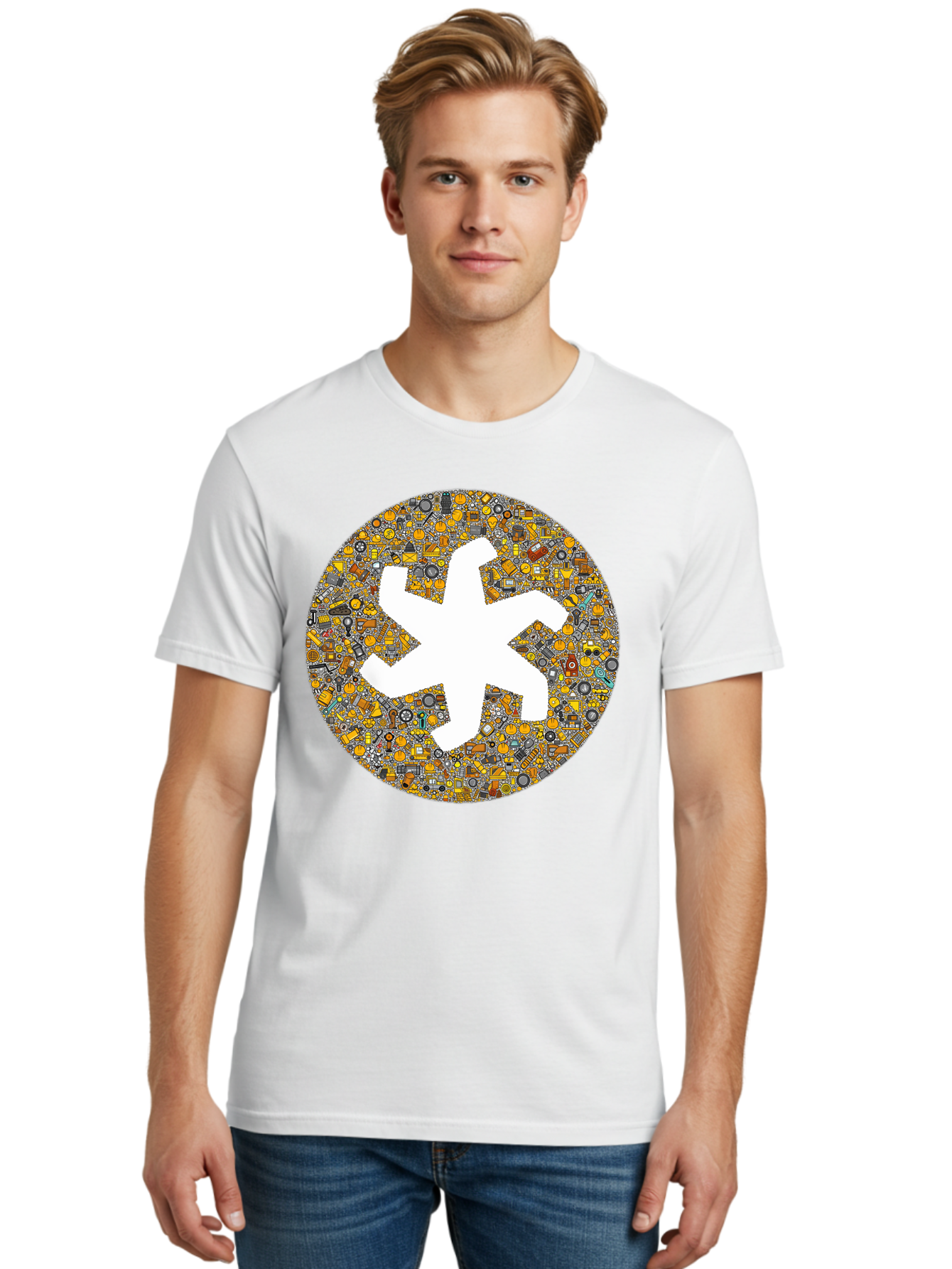 Airplane-Silhouette-Mosaic Men'S Graphic Tee, 100% Cotton, Comfortable Casual Summer Wear, Machine Washable, Airplane Silhouette, Yellow And Gray Mosaic, Machinery Parts, Industrial Theme, Creative Design, Travel Concept, Abstract Art, Bac581 21