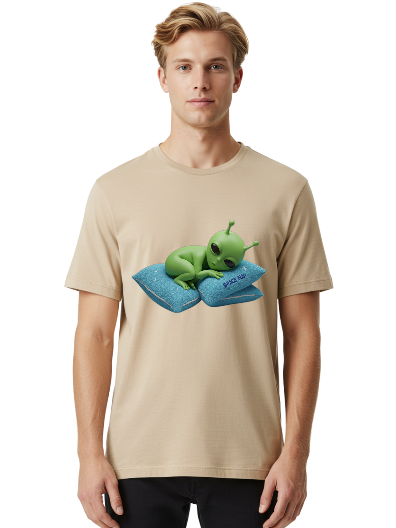 Alien-Sleeping-On-Pillows Men'S Graphic Tee, 100% Cotton, Comfortable Casual Summer Wear, Machine Washable, Alien Resting On Pillows, Extraterrestrial Being, Space Map, Stars, Sleepy Alien, Cute Cartoon Character, 3D Illustration, Funny Meme Bac583 16