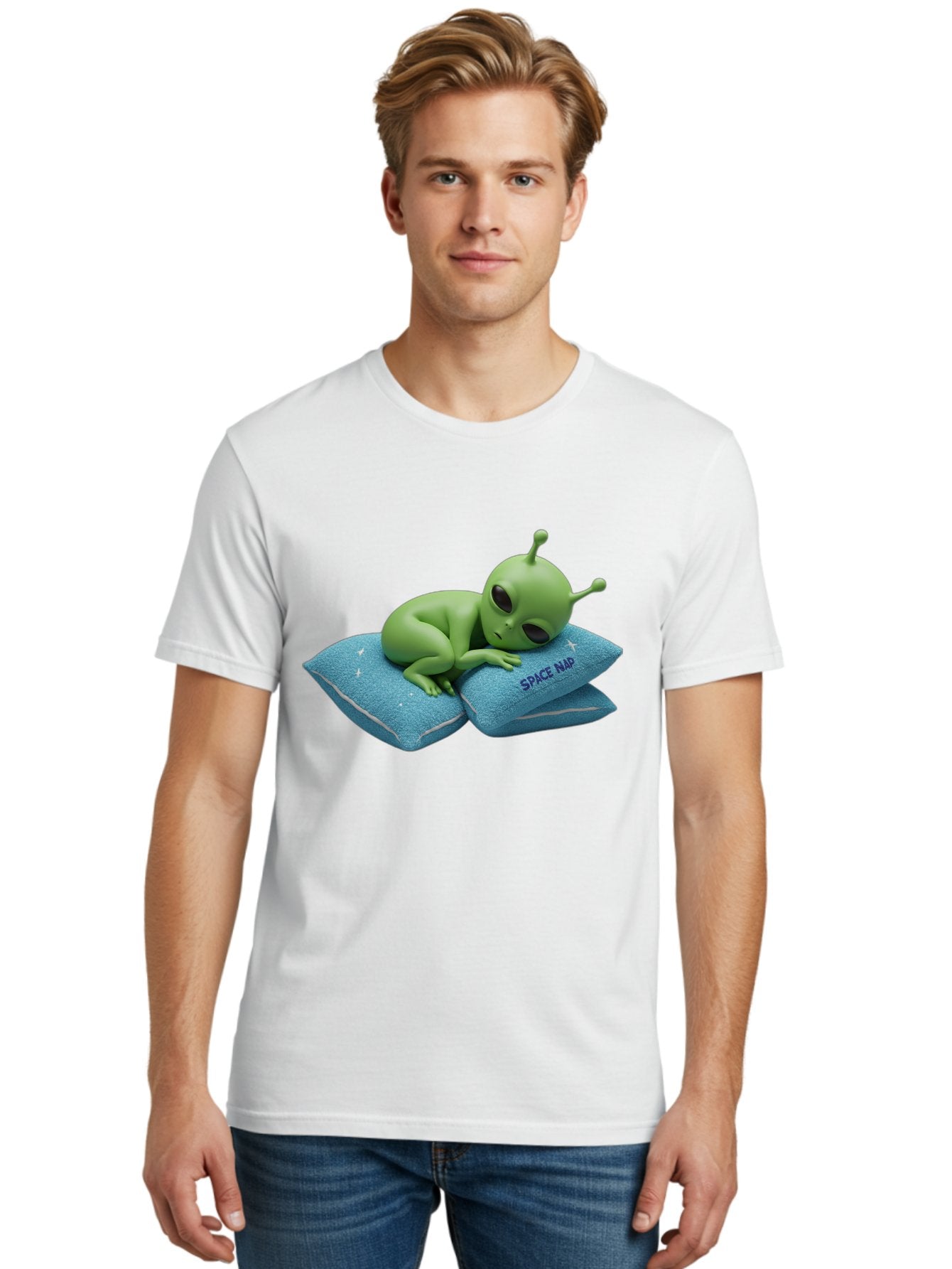 Alien-Sleeping-On-Pillows Men'S Graphic Tee, 100% Cotton, Comfortable Casual Summer Wear, Machine Washable, Alien Resting On Pillows, Extraterrestrial Being, Space Map, Stars, Sleepy Alien, Cute Cartoon Character, 3D Illustration, Funny Meme Bac583 23
