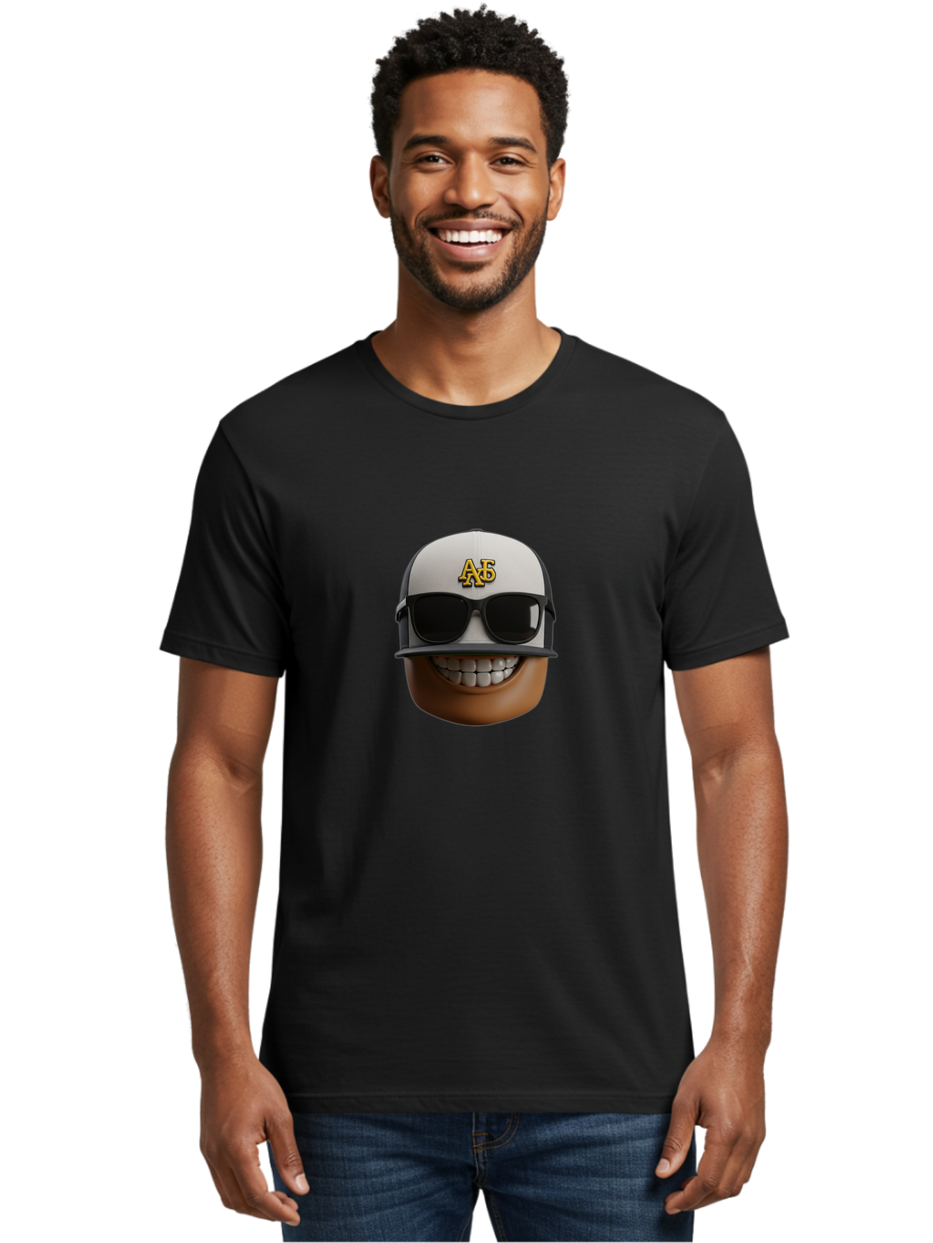 Alpha-Phi-Alpha-Emoji Men'S Graphic Tee, 100% Cotton, Comfortable Casual Summer Wear, Machine Washable, Smiling Face, Sunglasses, Baseball Cap, White Hat, Greek Letters, Alpha Phi Alpha, Fraternity Symbol, Cool Guy, Happy Expression, Bac584 24