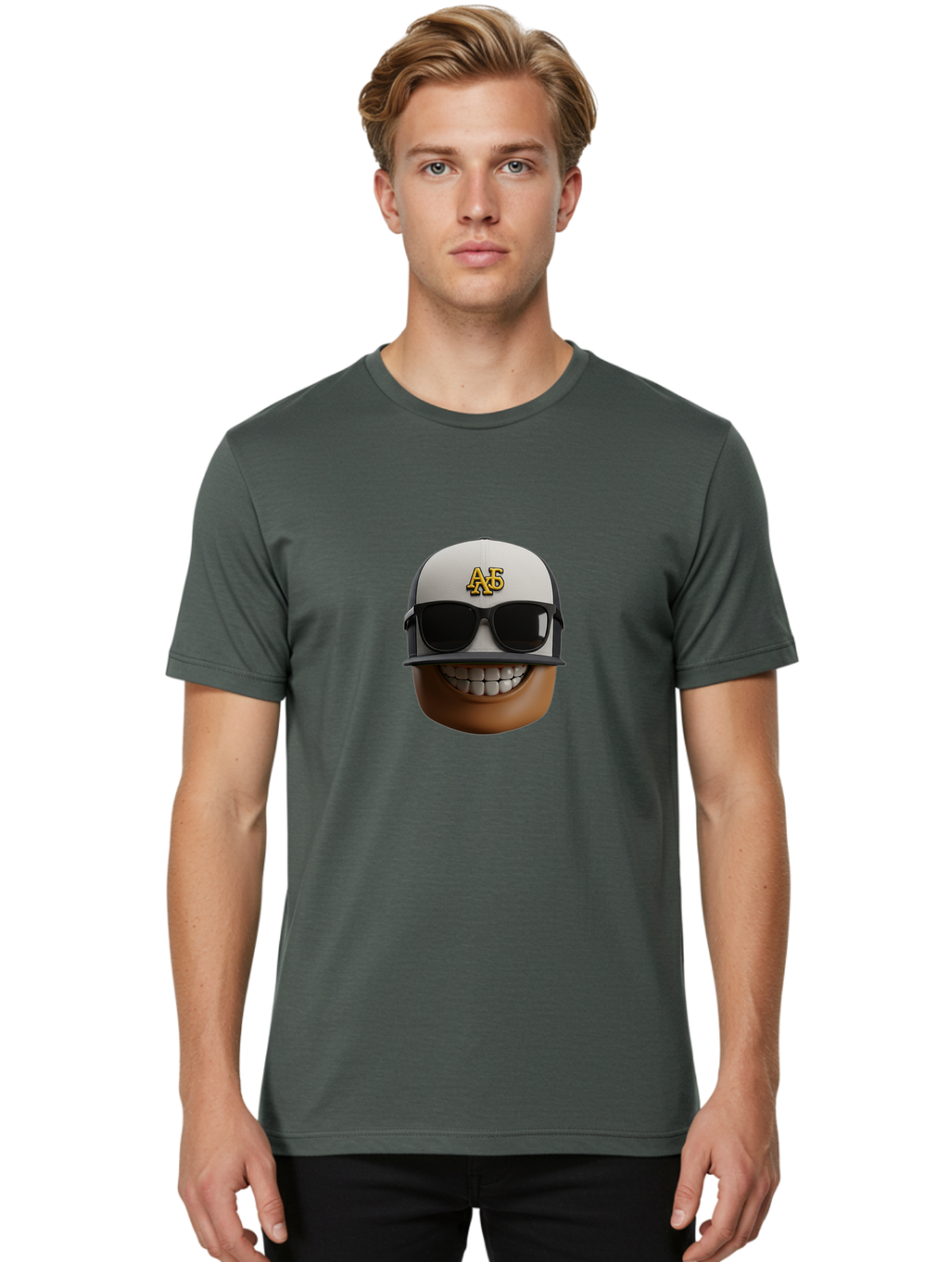 Alpha-Phi-Alpha-Emoji Men'S Graphic Tee, 100% Cotton, Comfortable Casual Summer Wear, Machine Washable, Smiling Face, Sunglasses, Baseball Cap, White Hat, Greek Letters, Alpha Phi Alpha, Fraternity Symbol, Cool Guy, Happy Expression, Bac584 16