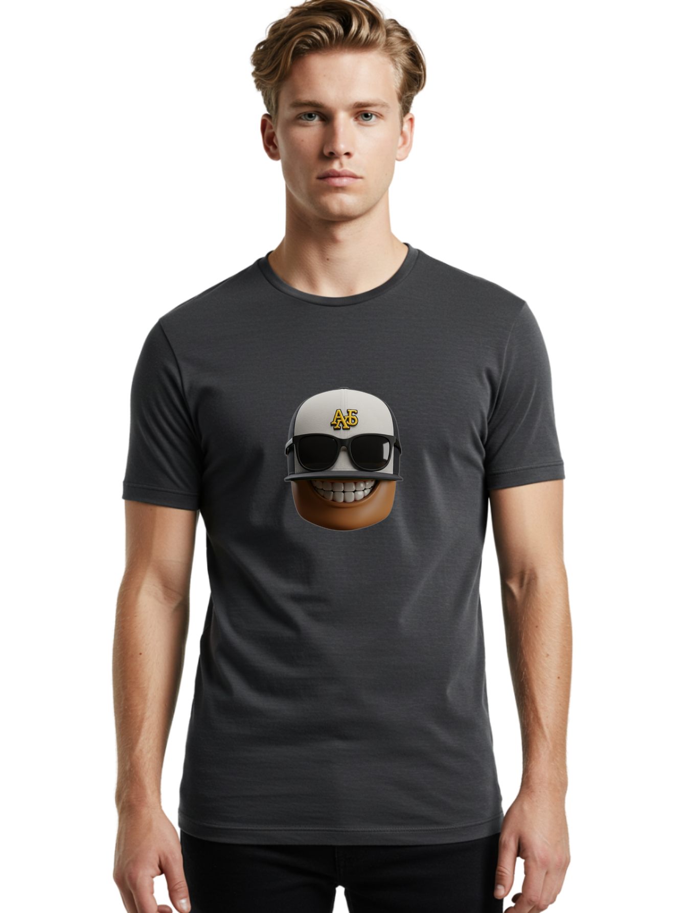 Alpha-Phi-Alpha-Emoji Men'S Graphic Tee, 100% Cotton, Comfortable Casual Summer Wear, Machine Washable, Smiling Face, Sunglasses, Baseball Cap, White Hat, Greek Letters, Alpha Phi Alpha, Fraternity Symbol, Cool Guy, Happy Expression, Bac584 29