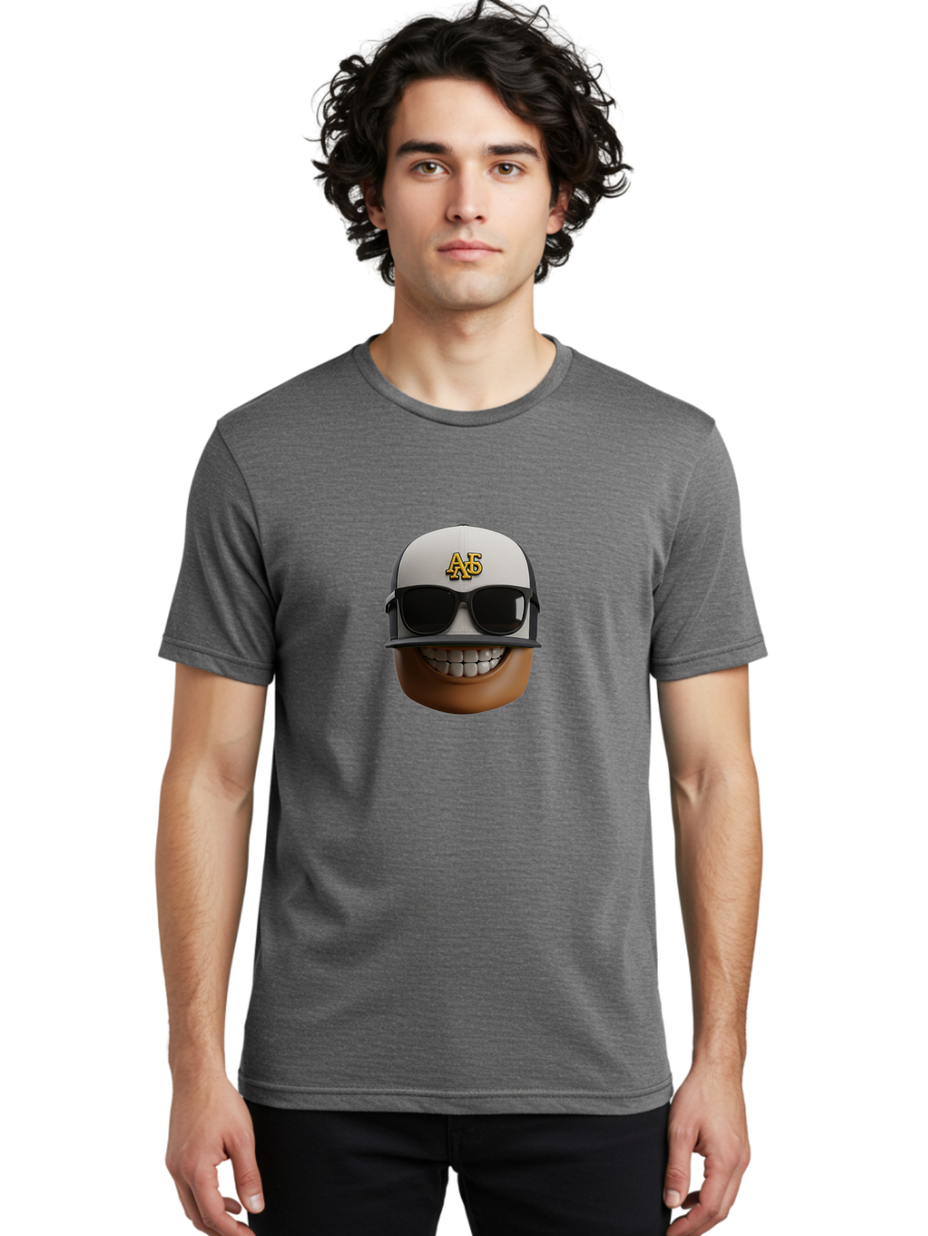 Alpha-Phi-Alpha-Emoji Men'S Graphic Tee, 100% Cotton, Comfortable Casual Summer Wear, Machine Washable, Smiling Face, Sunglasses, Baseball Cap, White Hat, Greek Letters, Alpha Phi Alpha, Fraternity Symbol, Cool Guy, Happy Expression, Bac584 19