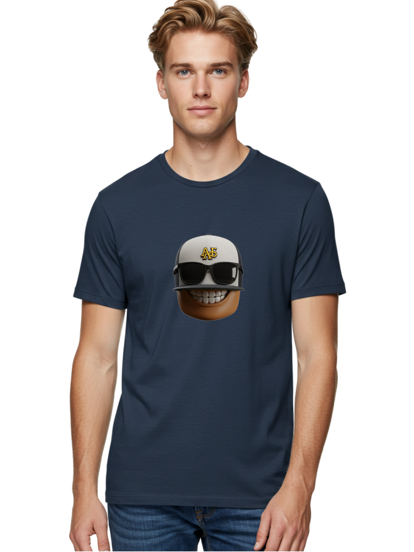 Alpha-Phi-Alpha-Emoji Men'S Graphic Tee, 100% Cotton, Comfortable Casual Summer Wear, Machine Washable, Smiling Face, Sunglasses, Baseball Cap, White Hat, Greek Letters, Alpha Phi Alpha, Fraternity Symbol, Cool Guy, Happy Expression, Bac584 23