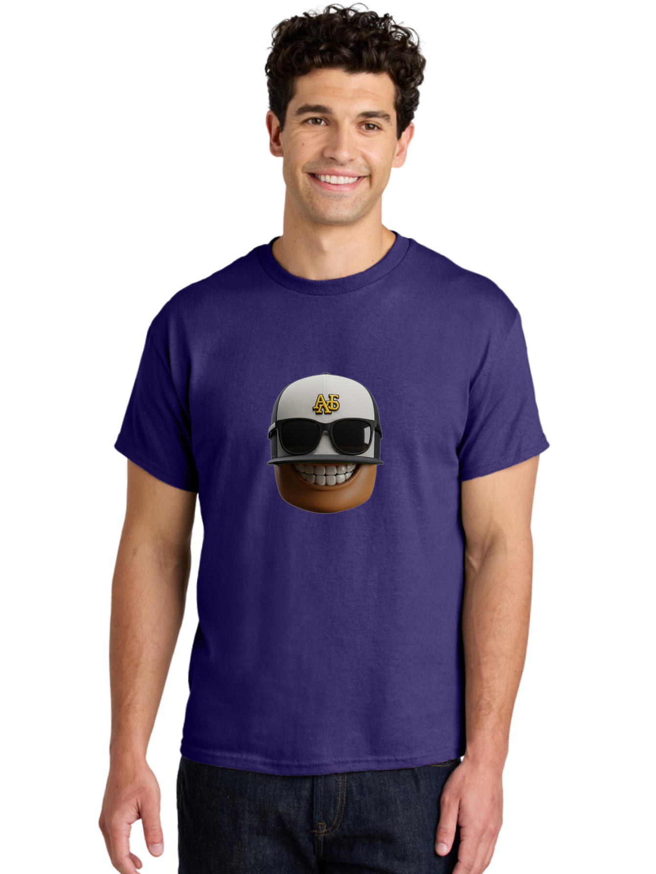 Alpha-Phi-Alpha-Emoji Men'S Graphic Tee, 100% Cotton, Comfortable Casual Summer Wear, Machine Washable, Smiling Face, Sunglasses, Baseball Cap, White Hat, Greek Letters, Alpha Phi Alpha, Fraternity Symbol, Cool Guy, Happy Expression, Bac584 18