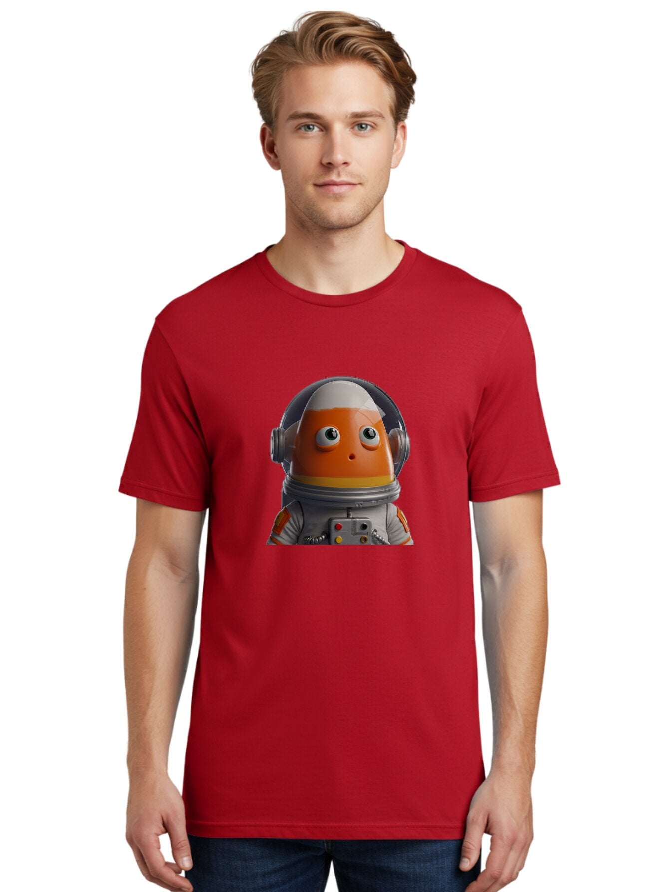 Astronaut-Fish Men'S Graphic Tee, 100% Cotton, Comfortable Casual Summer Wear, Machine Washable, Futuristic Astronaut, Candy-Themed Space Suit, Orange And White Colors, Cartoon-Style Character, Space Exploration, Sci-Fi Elements, Bac589 30