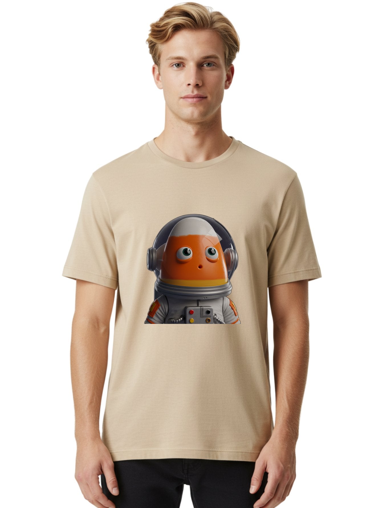 Astronaut-Fish Men'S Graphic Tee, 100% Cotton, Comfortable Casual Summer Wear, Machine Washable, Futuristic Astronaut, Candy-Themed Space Suit, Orange And White Colors, Cartoon-Style Character, Space Exploration, Sci-Fi Elements, Bac589 21