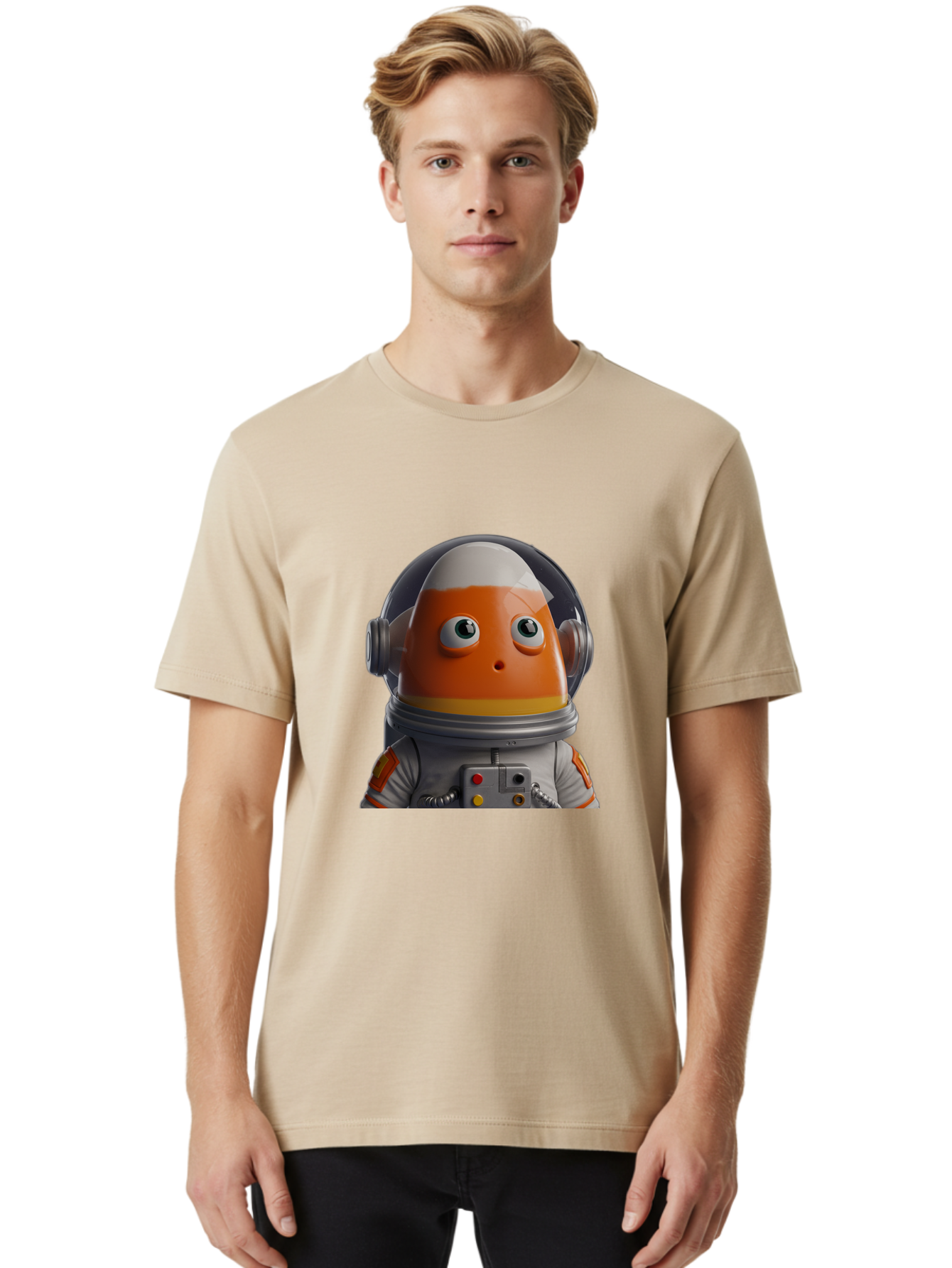 Astronaut-Fish Men'S Graphic Tee, 100% Cotton, Comfortable Casual Summer Wear, Machine Washable, Futuristic Astronaut, Candy-Themed Space Suit, Orange And White Colors, Cartoon-Style Character, Space Exploration, Sci-Fi Elements, Bac589 25