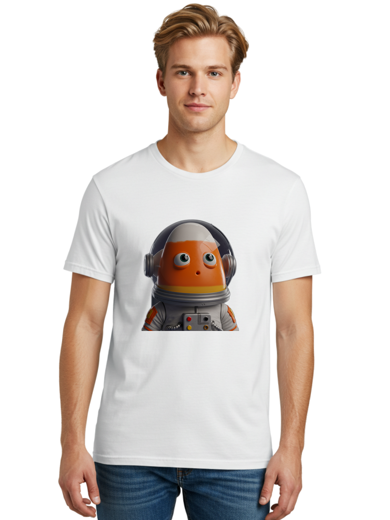 Astronaut-Fish Men'S Graphic Tee, 100% Cotton, Comfortable Casual Summer Wear, Machine Washable, Futuristic Astronaut, Candy-Themed Space Suit, Orange And White Colors, Cartoon-Style Character, Space Exploration, Sci-Fi Elements, Bac589 23