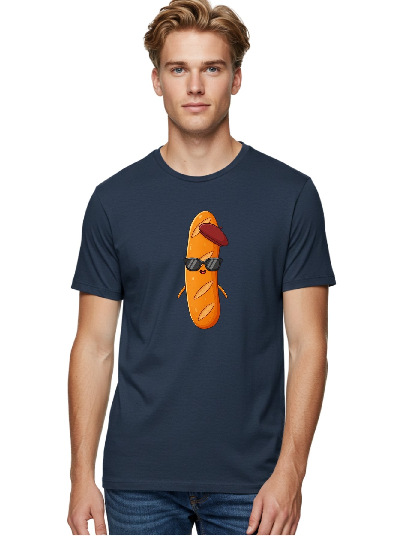 Baguette-Character Men'S Graphic Tee, 100% Cotton, Comfortable Casual Summer Wear, Machine Washable, Cartoon Baguette, Anthropomorphic Bread, Sunglasses, Beret, Cute Character, Funny Mascot, Quirky Illustration, Kawaii Food, Humorous Design, Bac591 25