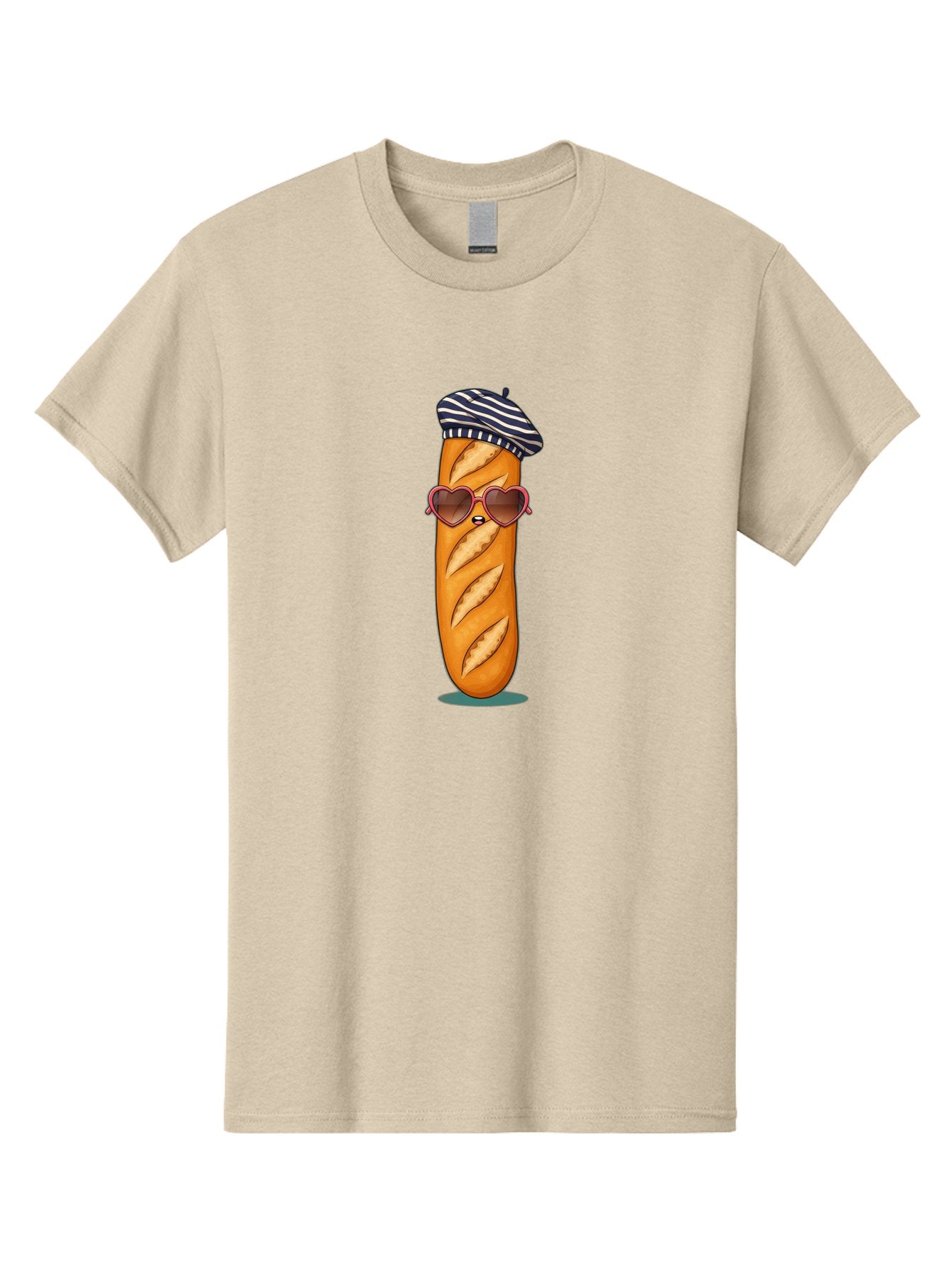Baguette-With-Beret Men'S Graphic Tee, 100% Cotton, Comfortable Casual Summer Wear, Machine Washable, Cartoon Baguette, Heart-Shaped Sunglasses, Beret Hat, French Culture, Cute Character, Whimsical Illustration, Pink Shades, Bread Person, Bac593