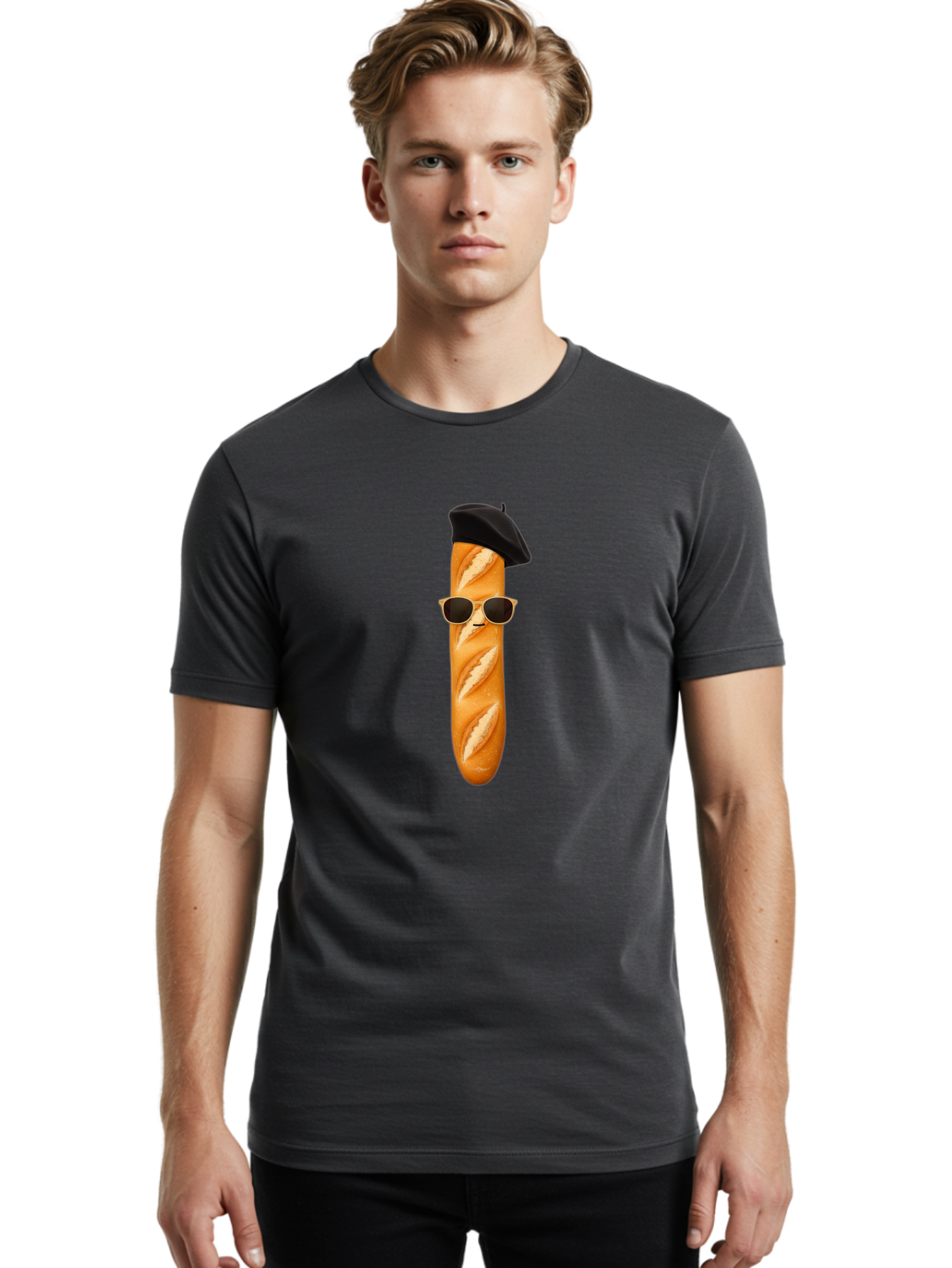 Baguette-With-Sunglasses-And-Beret-1 Men'S Graphic Tee, 100% Cotton, Comfortable Casual Summer Wear, Machine Washable, Baguette With Sunglasses, French Bread, Beret Hat, Cool Baguette, Cartoon Character, Funny Food, Charismatic Bread, Bac594 29