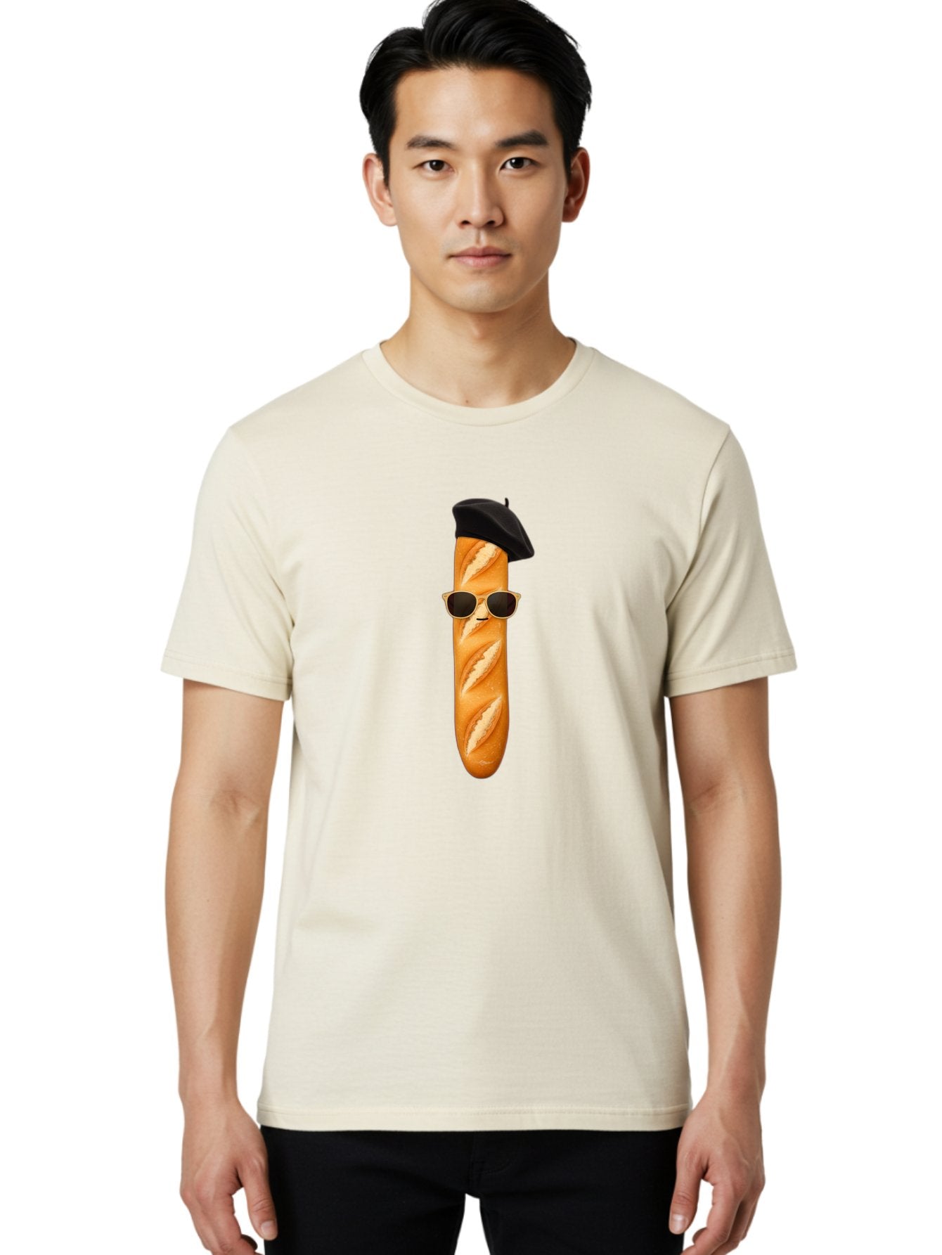 Baguette-With-Sunglasses-And-Beret-1 Men'S Graphic Tee, 100% Cotton, Comfortable Casual Summer Wear, Machine Washable, Baguette With Sunglasses, French Bread, Beret Hat, Cool Baguette, Cartoon Character, Funny Food, Charismatic Bread, Bac594 27