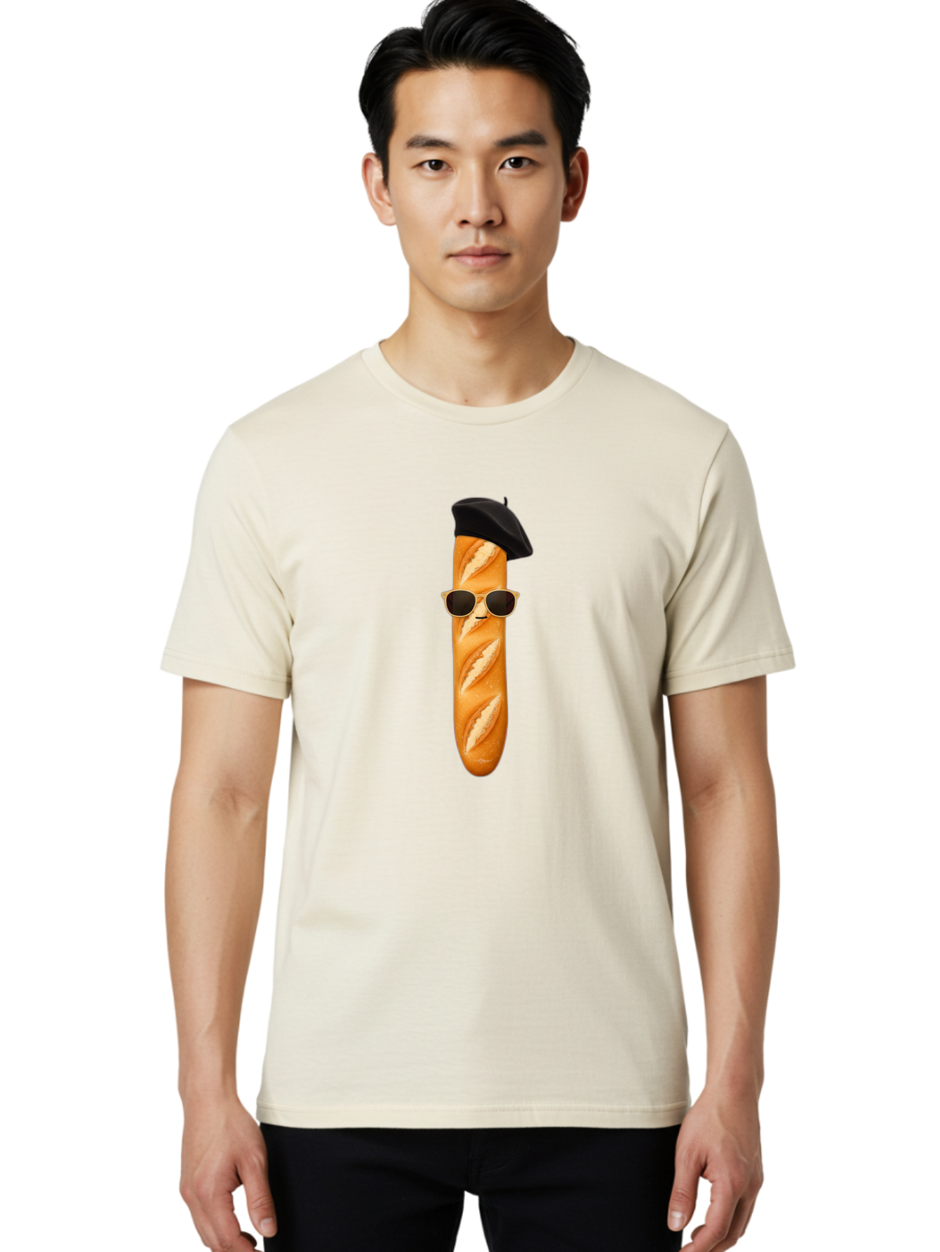 Baguette-With-Sunglasses-And-Beret-1 Men'S Graphic Tee, 100% Cotton, Comfortable Casual Summer Wear, Machine Washable, Baguette With Sunglasses, French Bread, Beret Hat, Cool Baguette, Cartoon Character, Funny Food, Charismatic Bread, Bac594 19