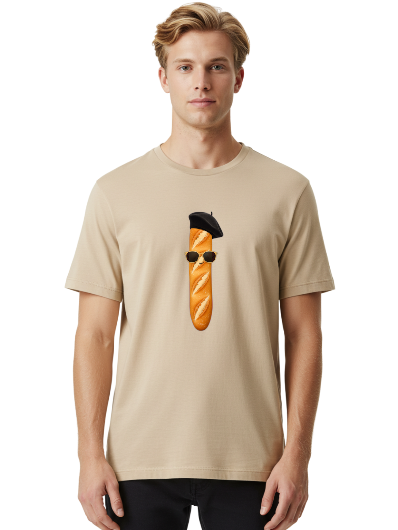 Baguette-With-Sunglasses-And-Beret-1 Men'S Graphic Tee, 100% Cotton, Comfortable Casual Summer Wear, Machine Washable, Baguette With Sunglasses, French Bread, Beret Hat, Cool Baguette, Cartoon Character, Funny Food, Charismatic Bread, Bac594 25