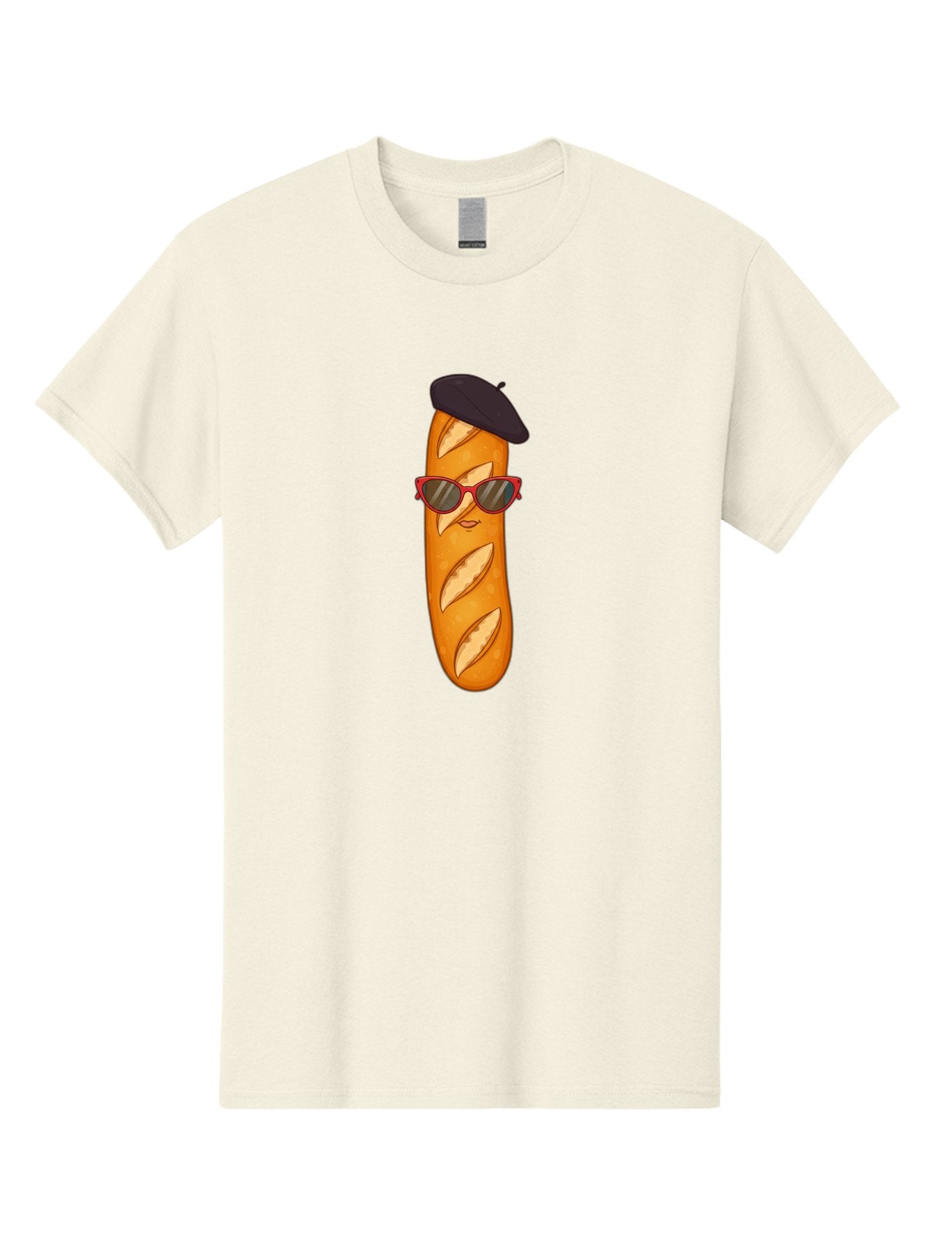 Baguette-With-Sunglasses-And-Beret Men'S Graphic Tee, 100% Cotton, Comfortable Casual Summer Wear, Machine Washable, Cartoon Baguette, Beret Hat, Red Sunglasses, French Cuisine, Bread Character, Quirky Illustration, Fun Design, Loaf Of Bread, Bac595