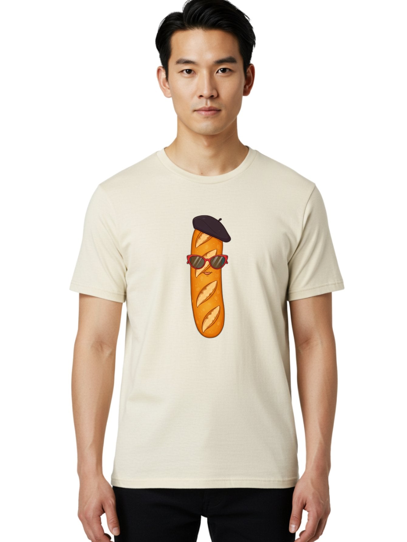 Baguette-With-Sunglasses-And-Beret Men'S Graphic Tee, 100% Cotton, Comfortable Casual Summer Wear, Machine Washable, Cartoon Baguette, Beret Hat, Red Sunglasses, French Cuisine, Bread Character, Quirky Illustration, Fun Design, Loaf Of Bread, Bac595 19